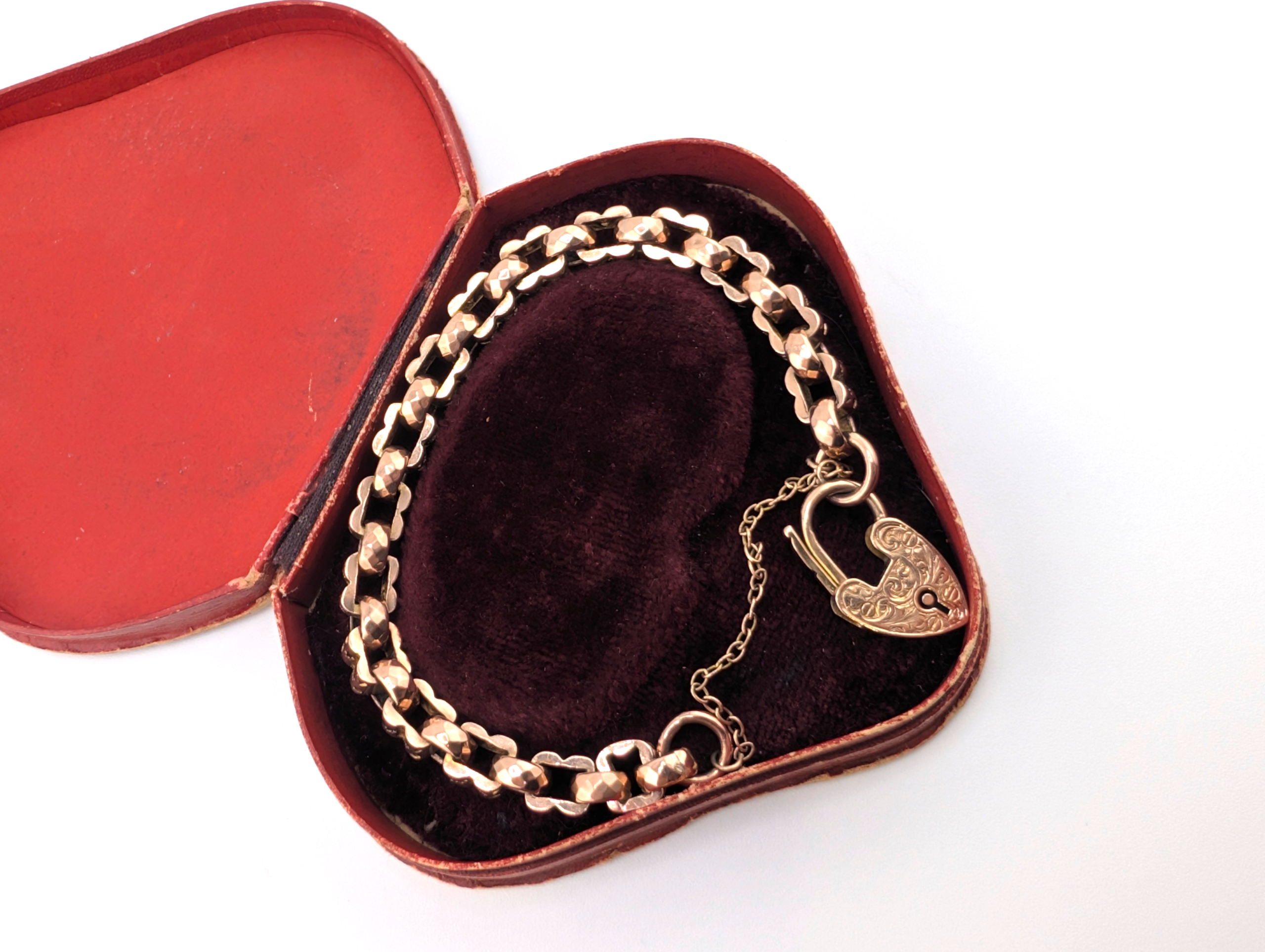Victorian 9ct Rose Gold Star-Link Bracelet with Heart Padlock Clasp