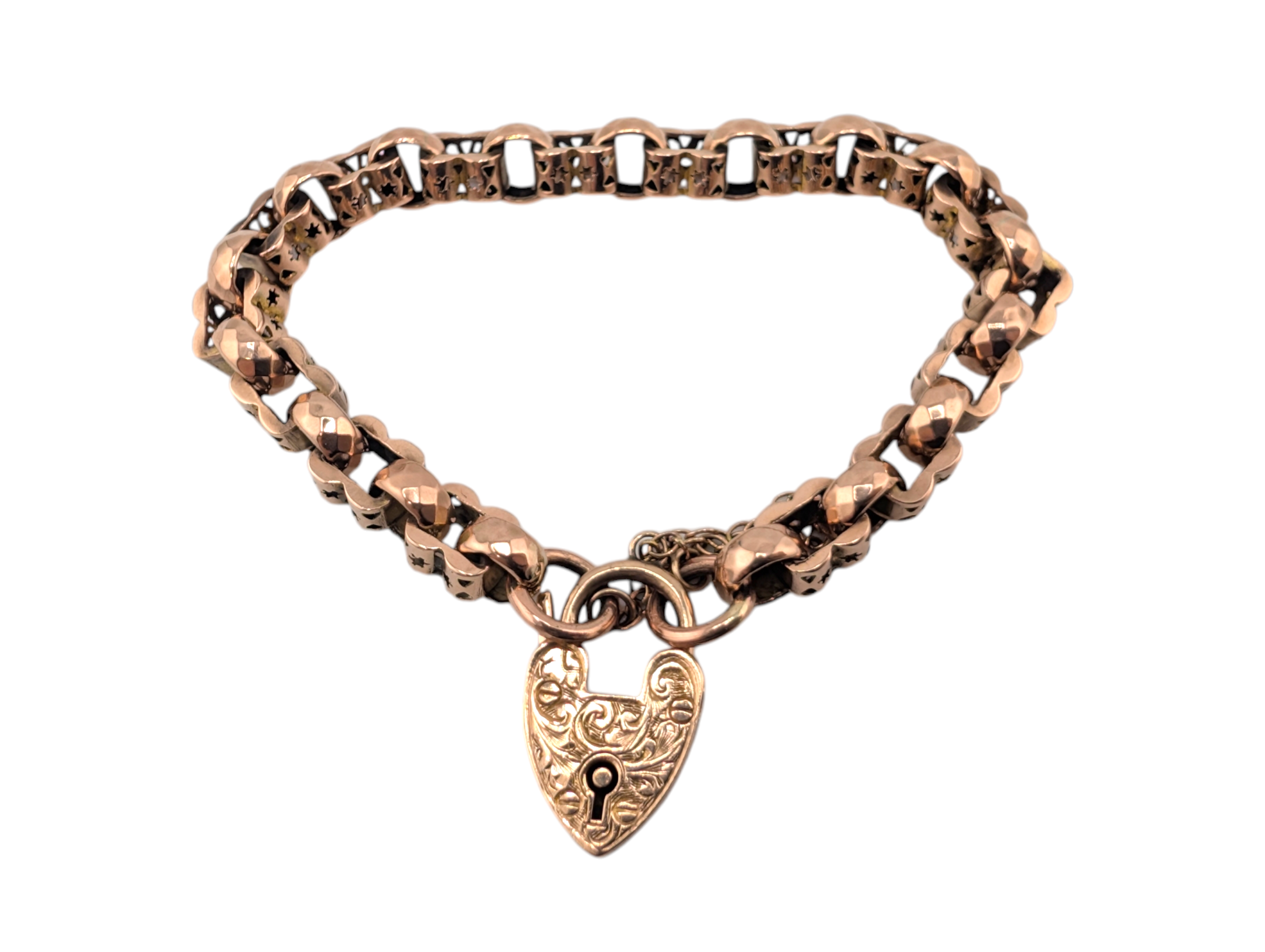 Victorian 9ct Rose Gold Star-Link Bracelet with Heart Padlock Clasp - Image 3