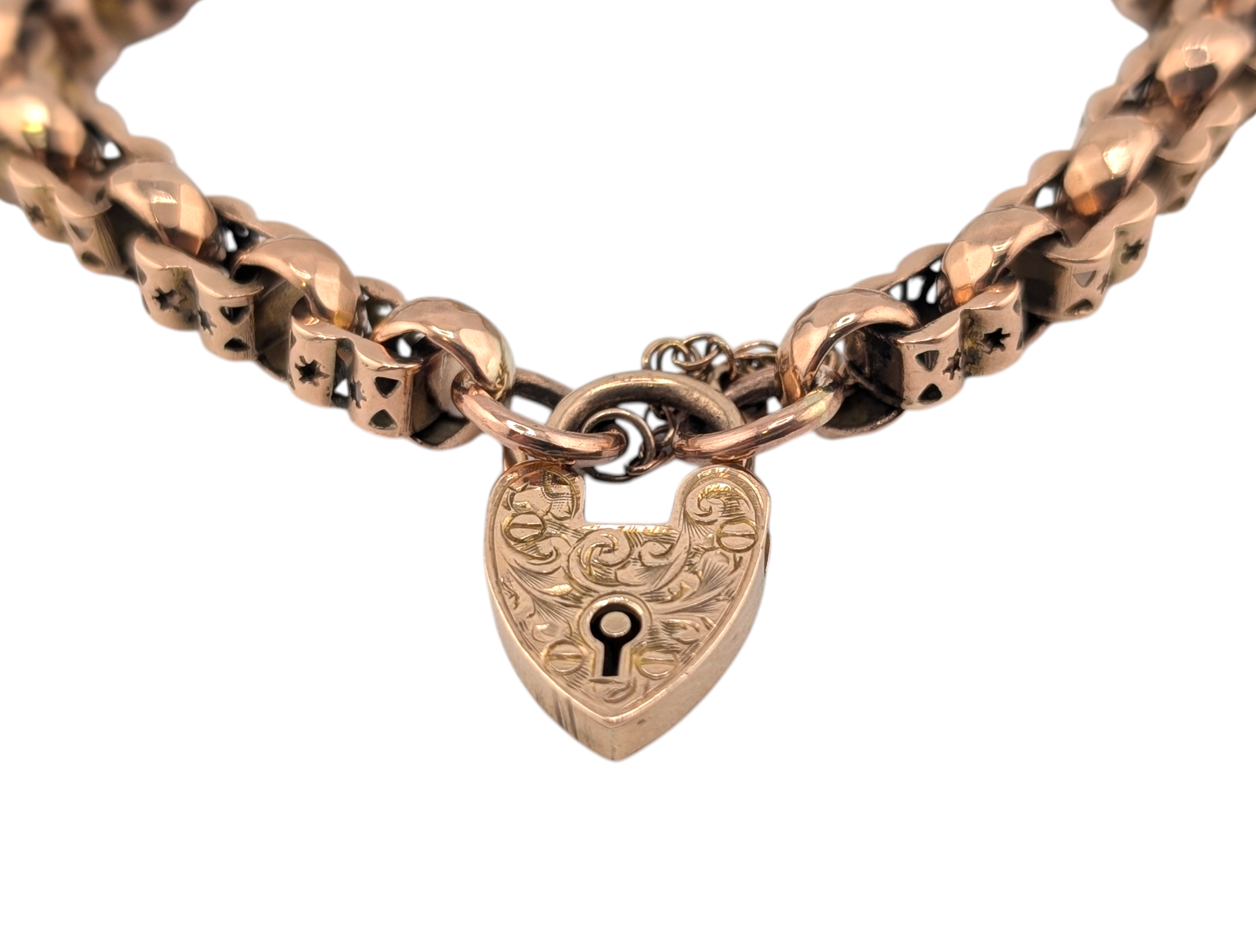 Victorian 9ct Rose Gold Star-Link Bracelet with Heart Padlock Clasp - Image 4