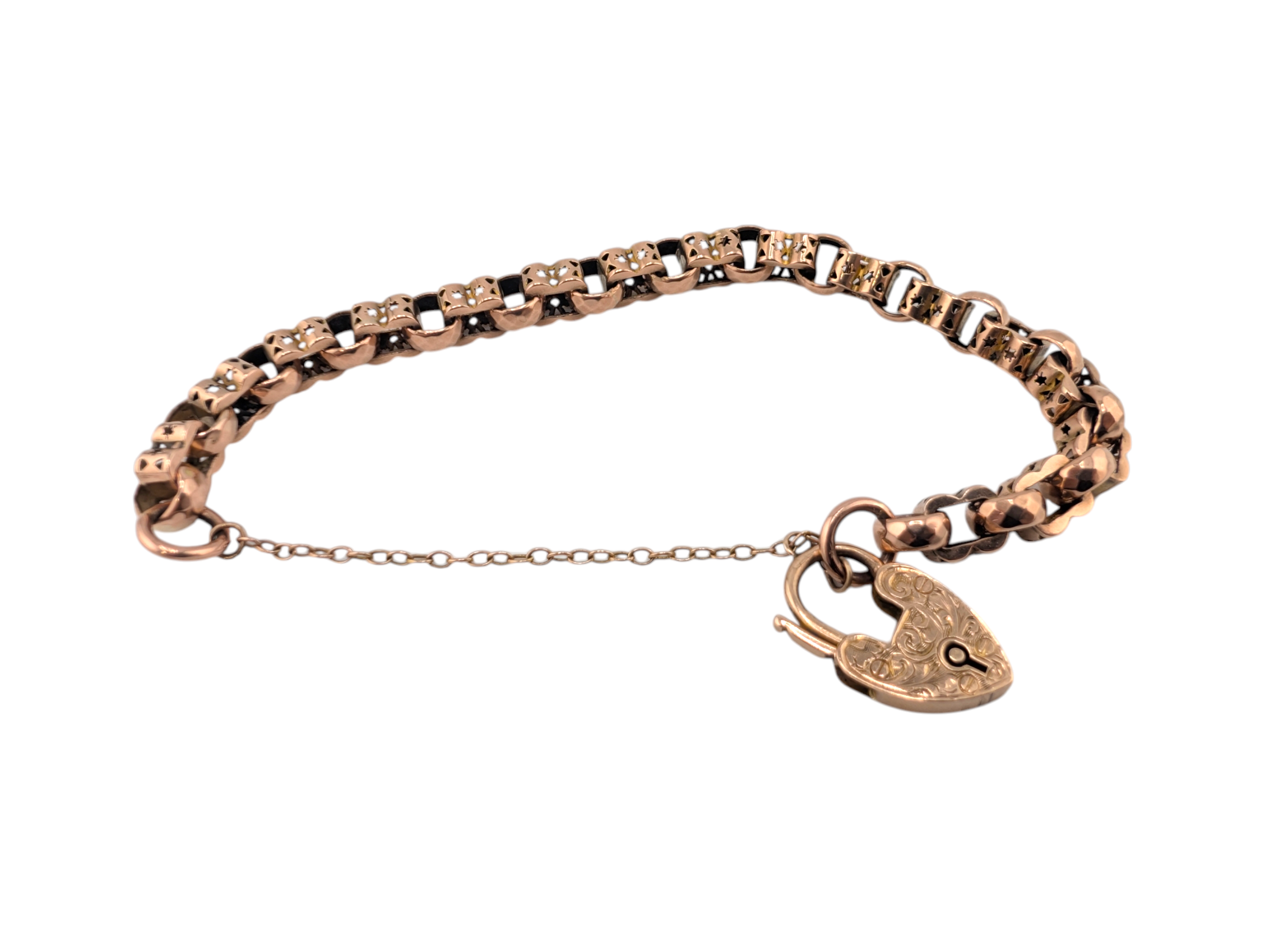 Victorian 9ct Rose Gold Star-Link Bracelet with Heart Padlock Clasp - Image 5