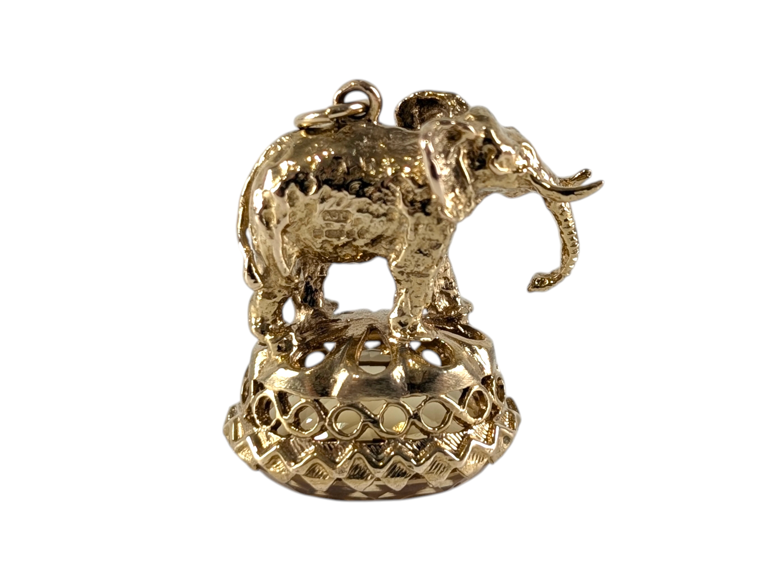 Heavy Solid 9ct Gold Elephant Fob Pendant with Large Golden Topaz