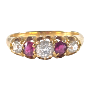 Antique 18ct Gold Five-Stone Diamond & Ruby Ring – Late Victorian / Edwardian
