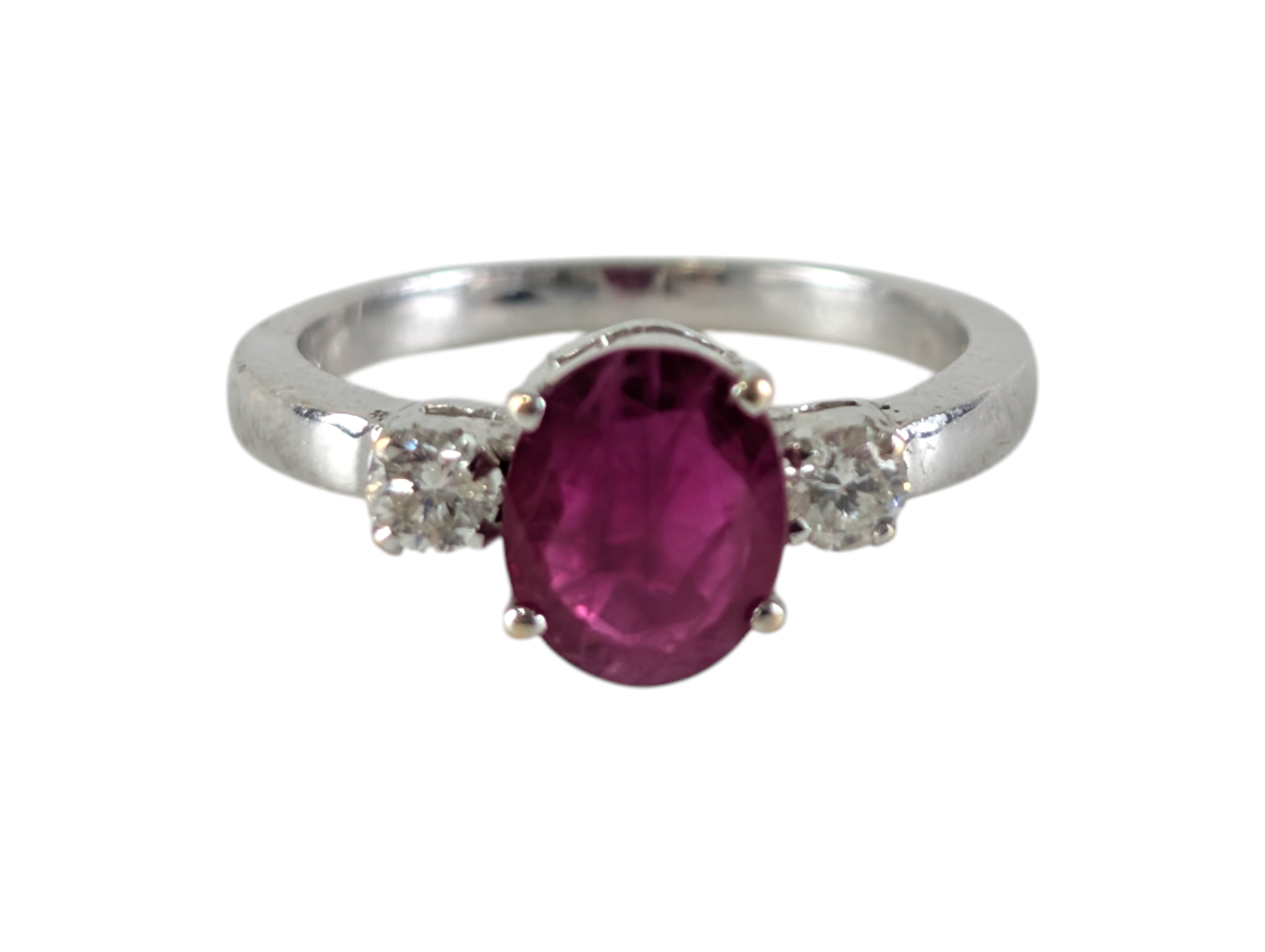 18ct White Gold Ruby & Diamond Trilogy Ring with Oval Ruby