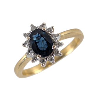 18ct Gold Sapphire & Diamond Cluster Ring with Oval Blue Sapphire