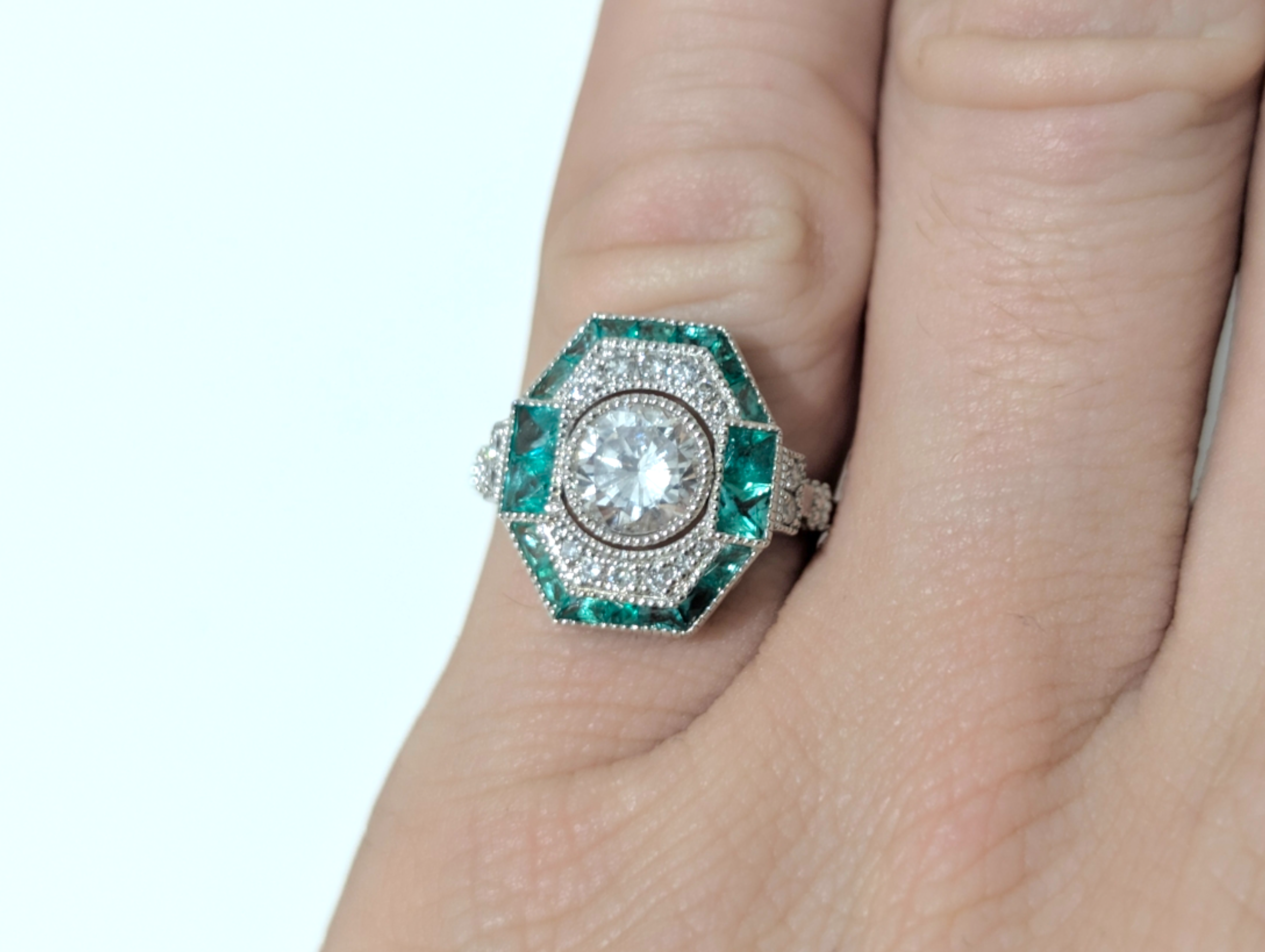 Art Deco Style Platinum Diamond & Colombian Emerald Cluster Ring – 1.02ct Total Diamonds - Image 4