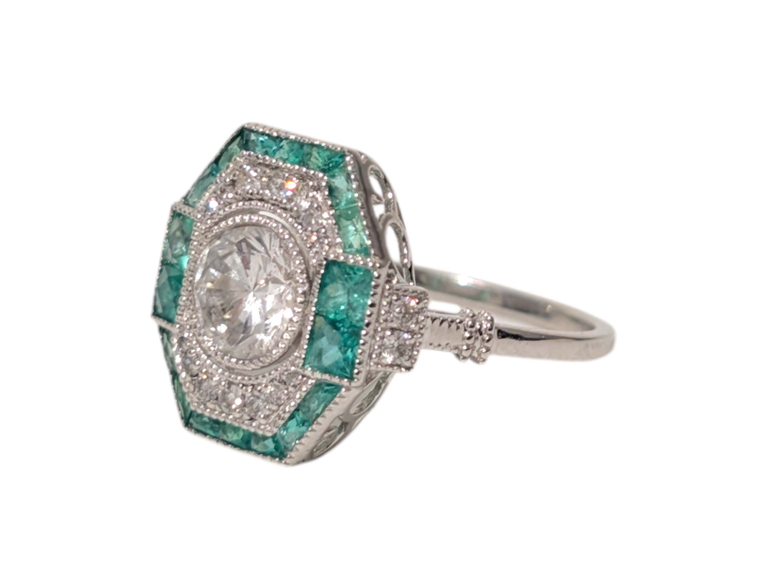 Art Deco Style Platinum Diamond & Colombian Emerald Cluster Ring – 1.02ct Total Diamonds - Image 2