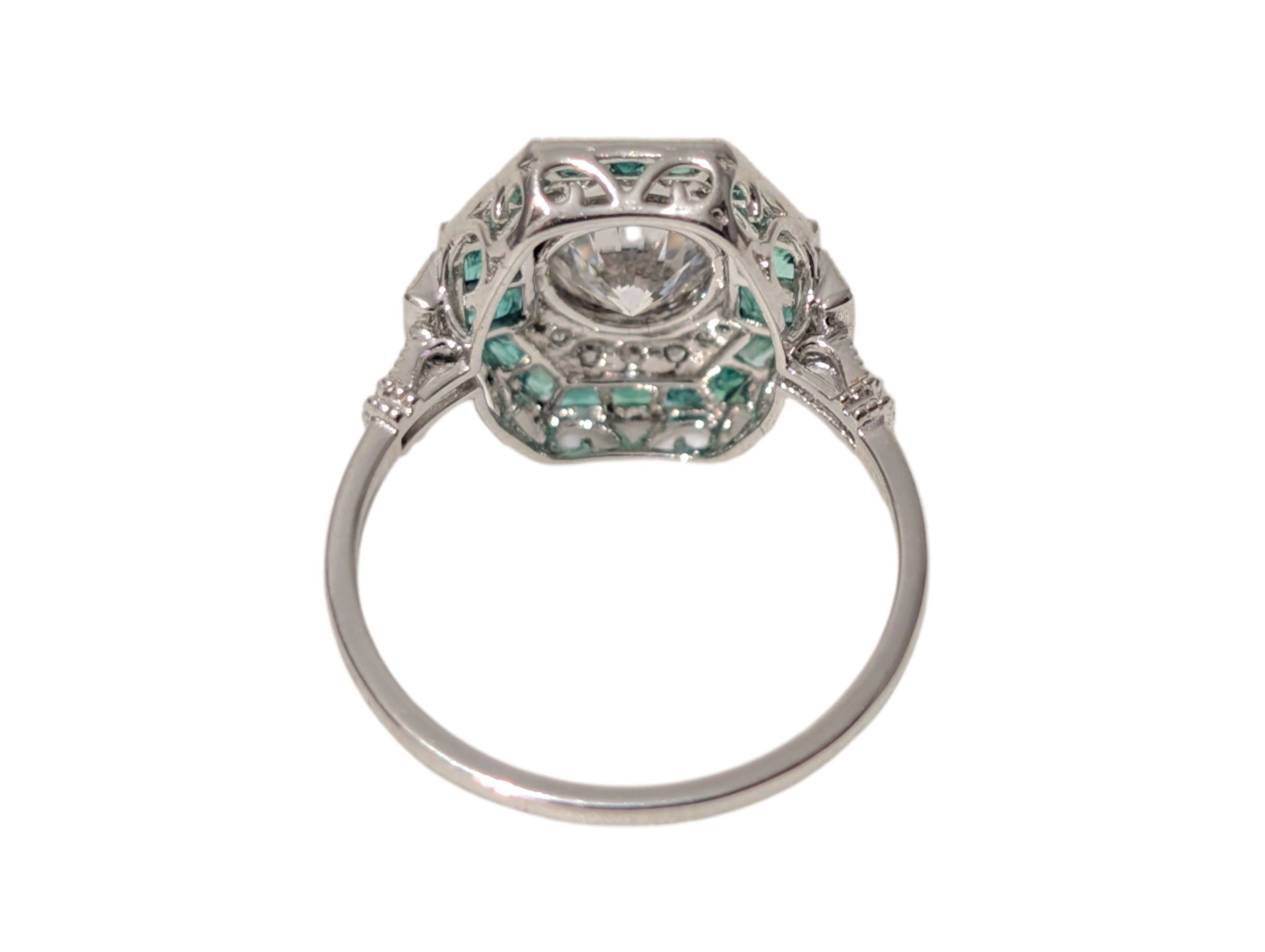 Art Deco Style Platinum Diamond & Colombian Emerald Cluster Ring – 1.02ct Total Diamonds - Image 3