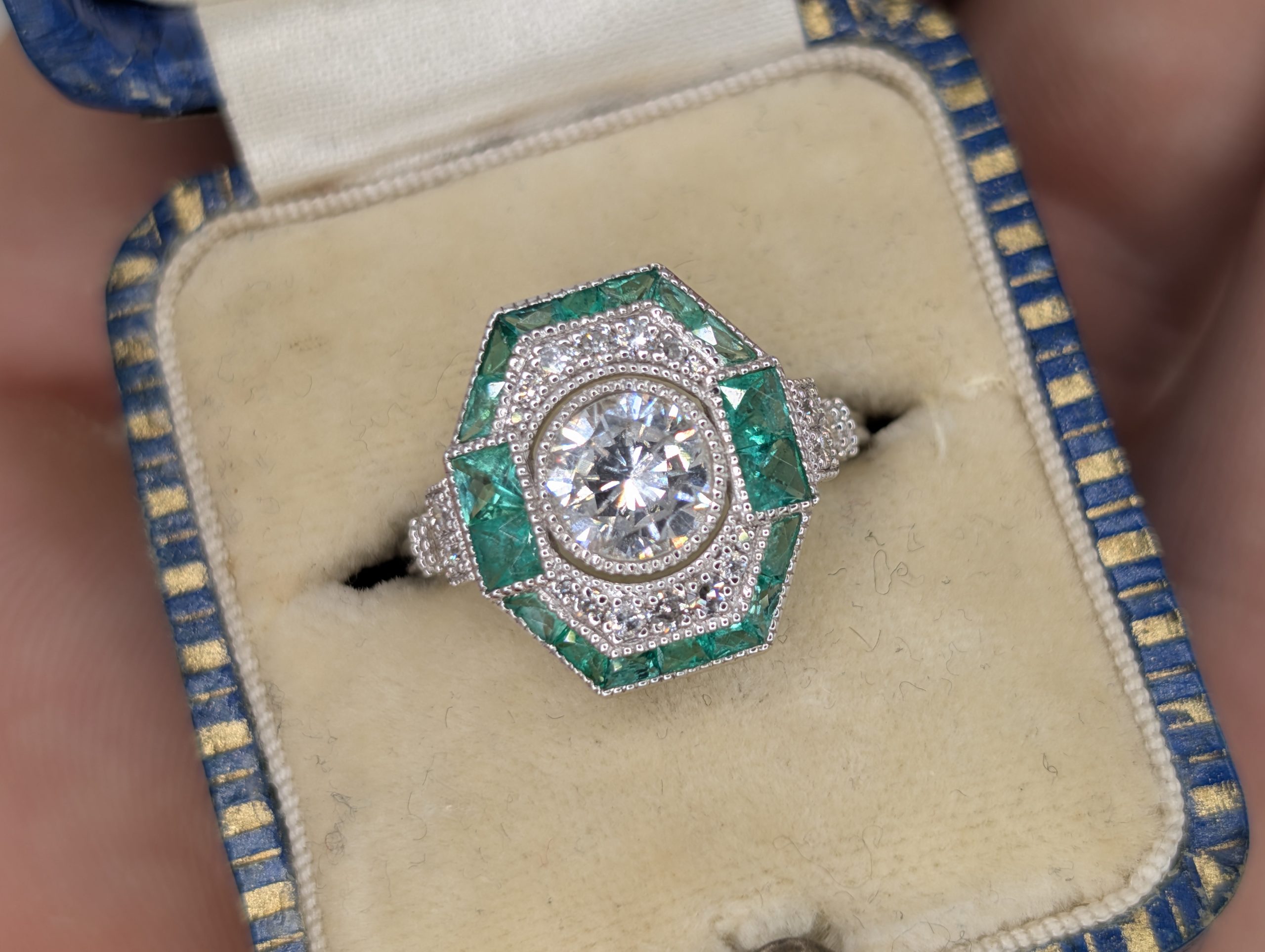 Art Deco Style Platinum Diamond & Colombian Emerald Cluster Ring – 1.02ct Total Diamonds