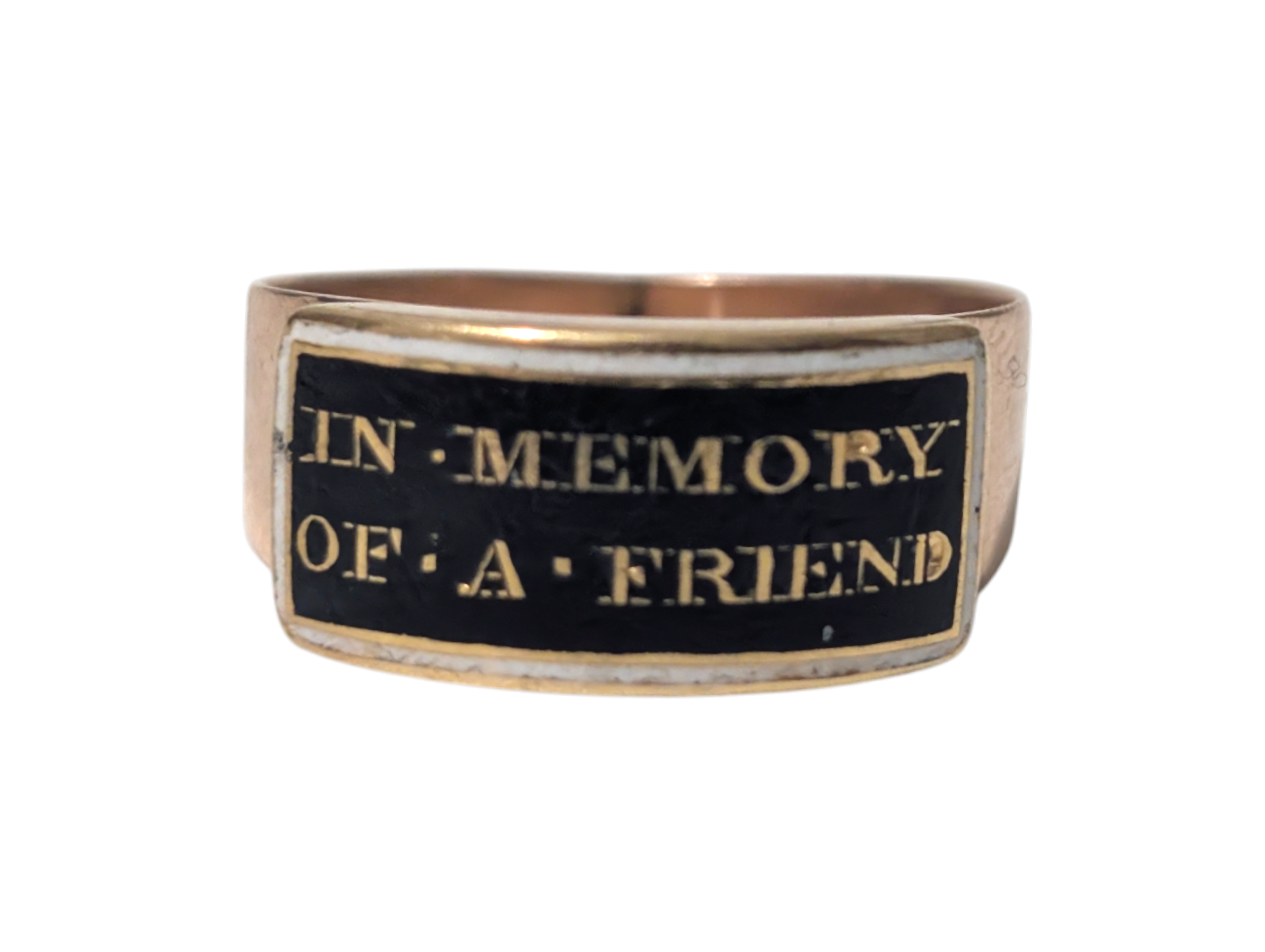 Georgian 9ct Rose Gold Mourning Ring with Enamel Inscription