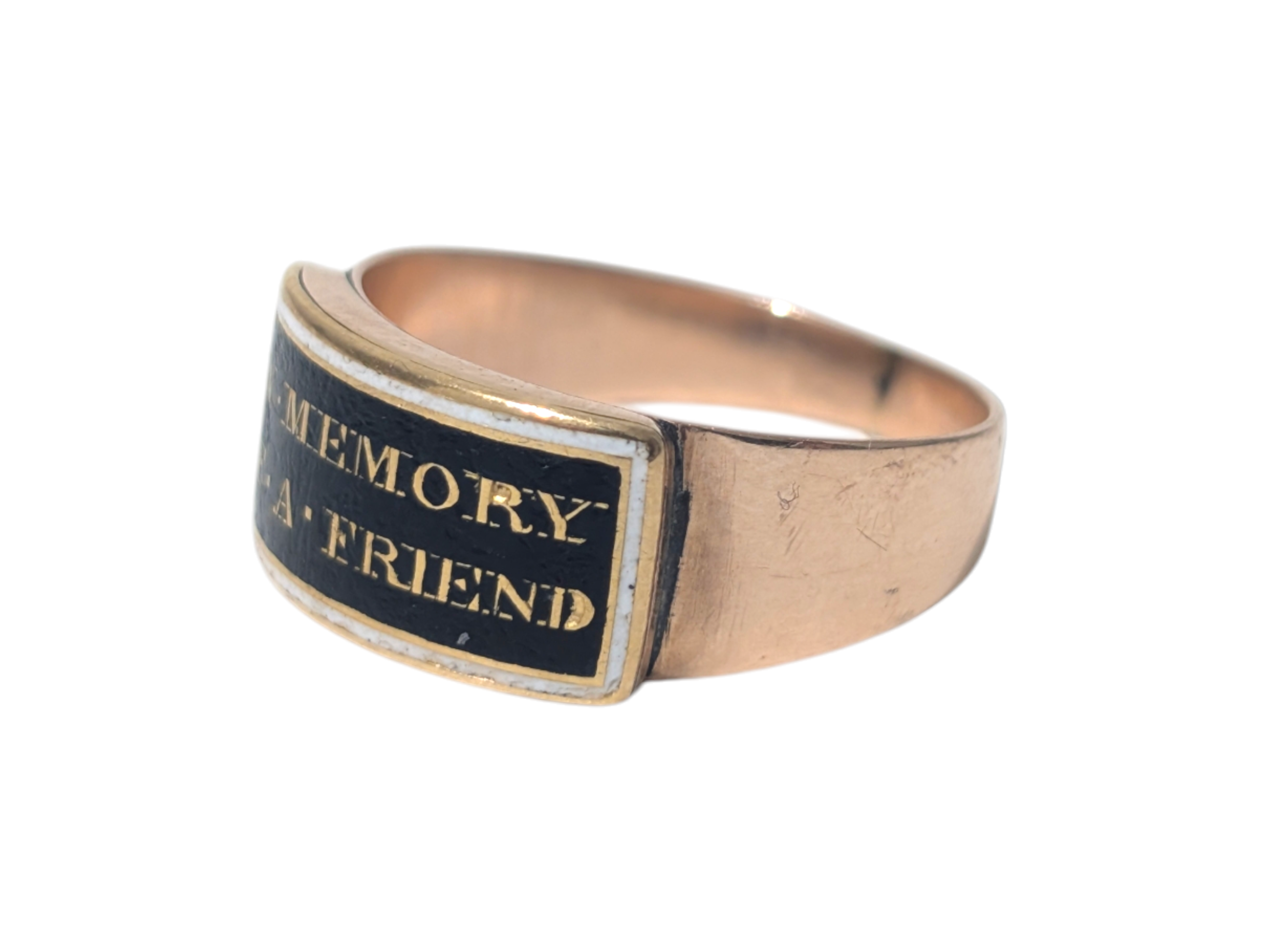 Georgian 9ct Rose Gold Mourning Ring with Enamel Inscription - Image 2