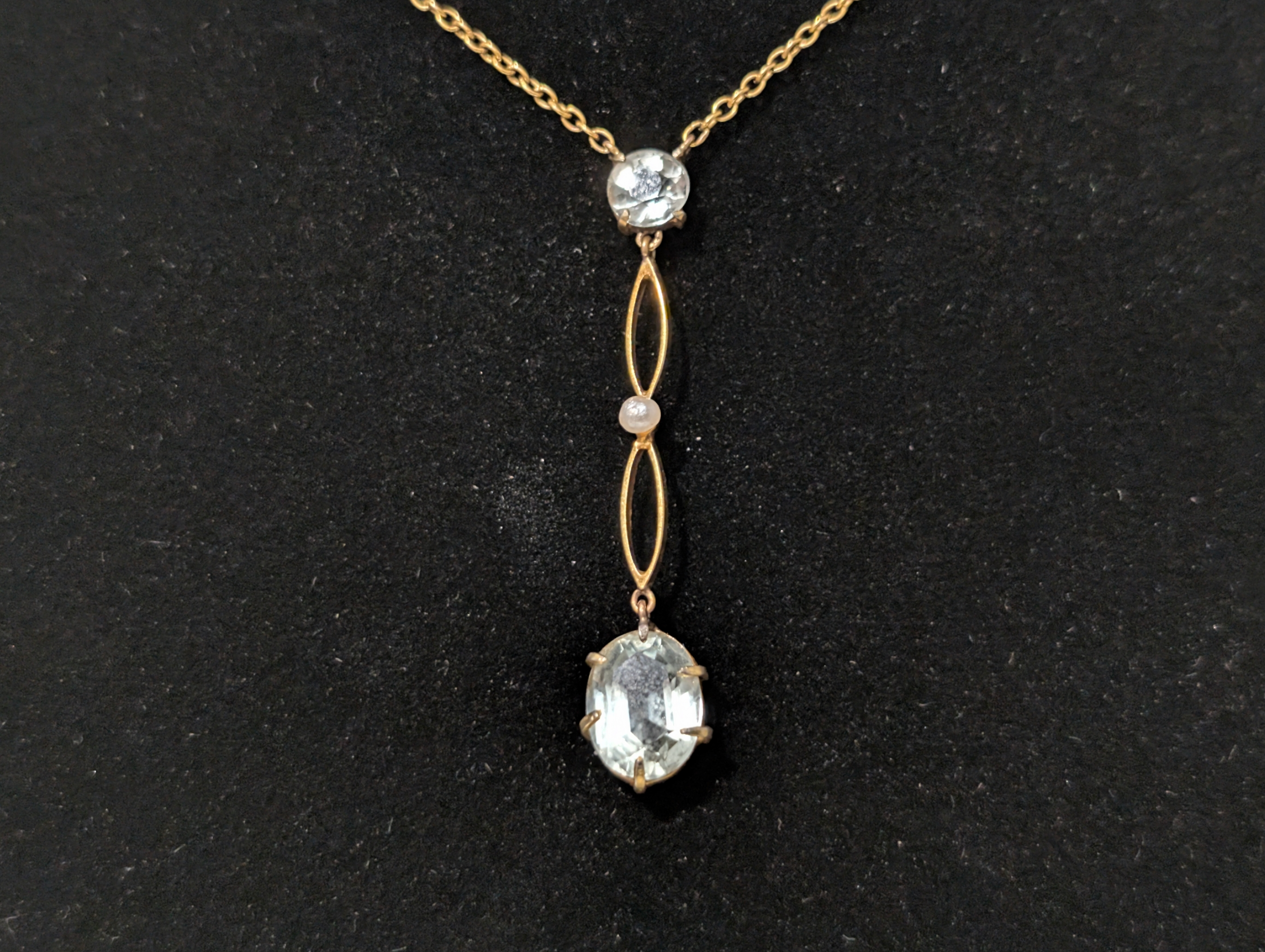 Edwardian 9ct Gold Aquamarine & Pearl Drop Necklace - Image 2
