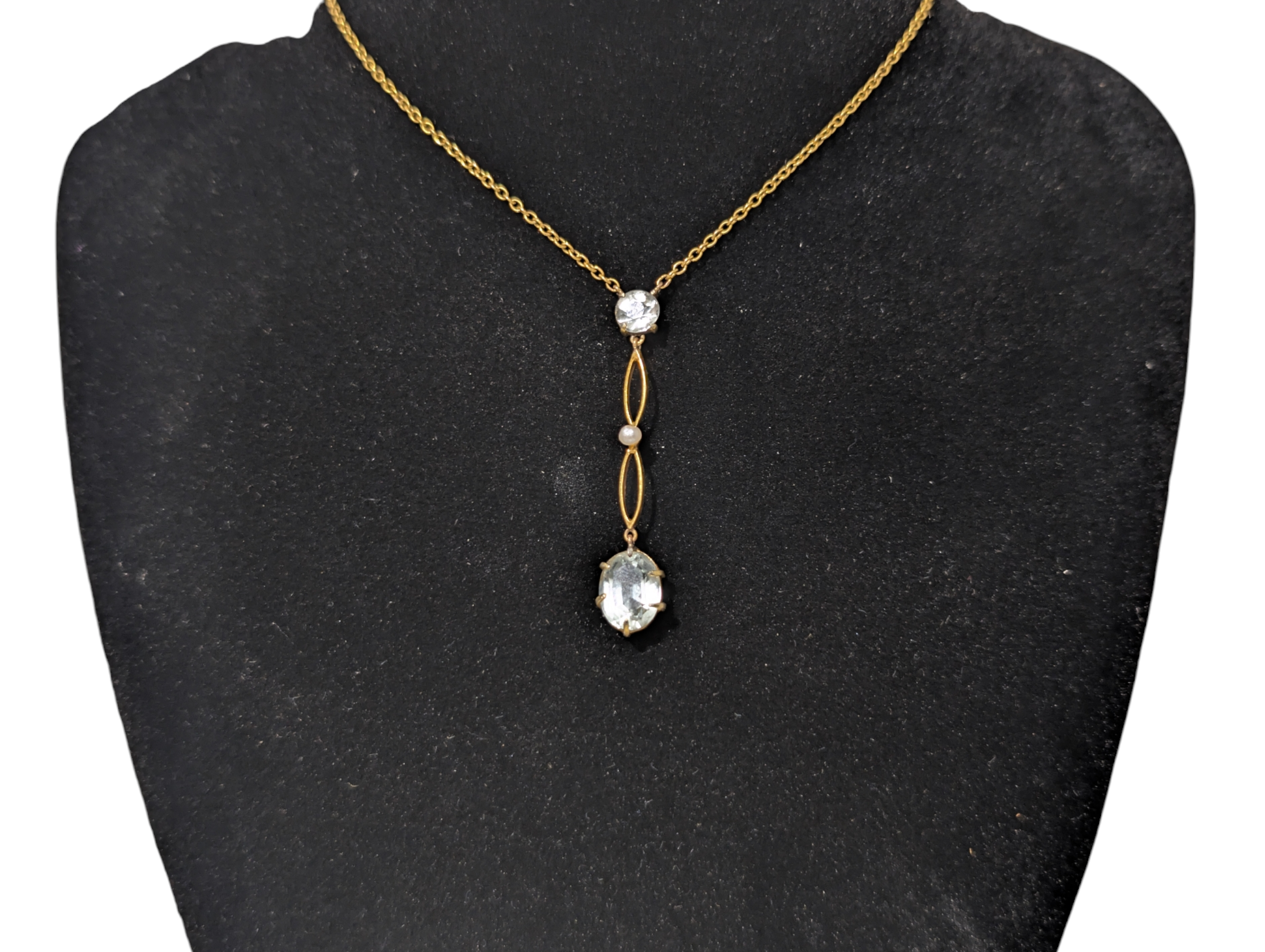 Edwardian 9ct Gold Aquamarine & Pearl Drop Necklace
