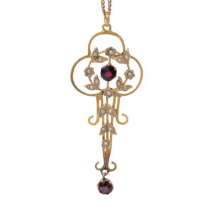 Edwardian Art Nouveau 9ct Gold Garnet & Seed Pearl Pendant Necklace
