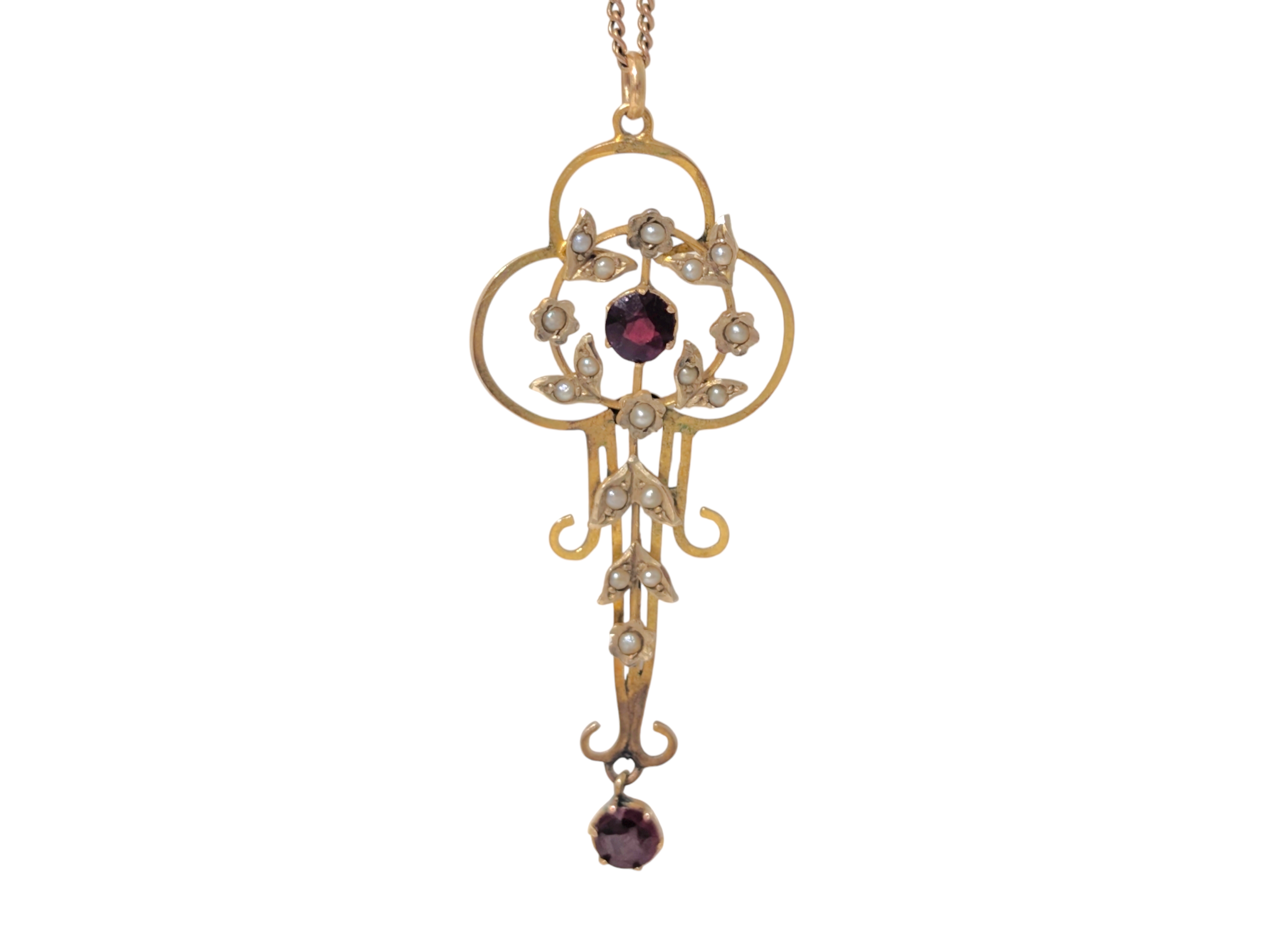 Edwardian Art Nouveau 9ct Gold Garnet & Seed Pearl Pendant Necklace