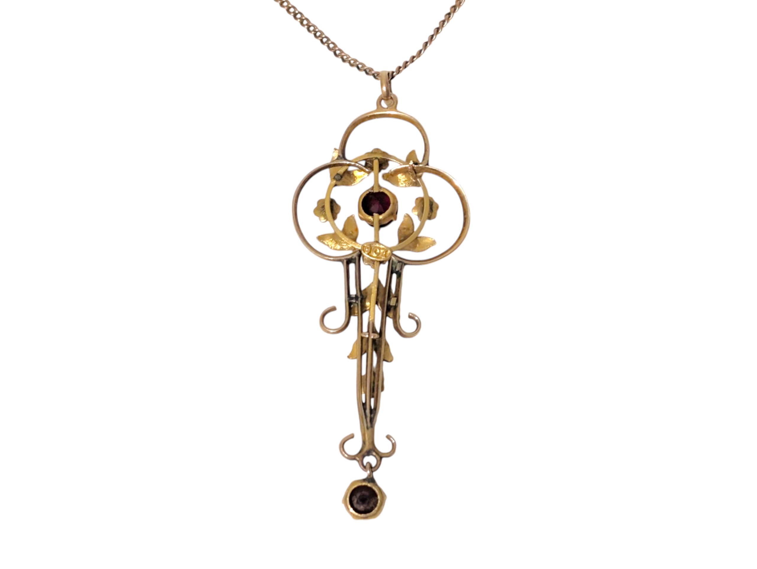 Edwardian Art Nouveau 9ct Gold Garnet & Seed Pearl Pendant Necklace - Image 2