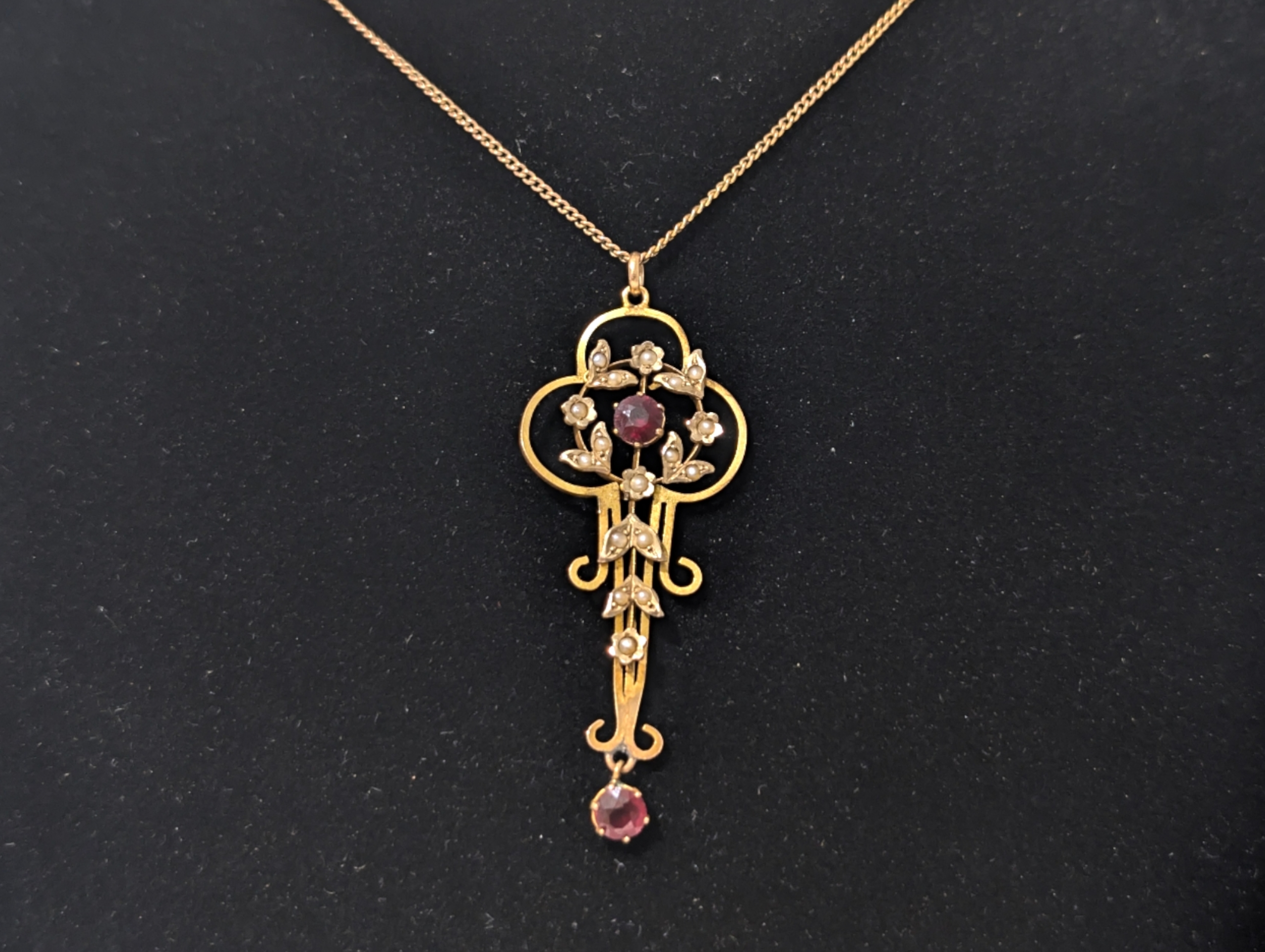 Edwardian Art Nouveau 9ct Gold Garnet & Seed Pearl Pendant Necklace - Image 3