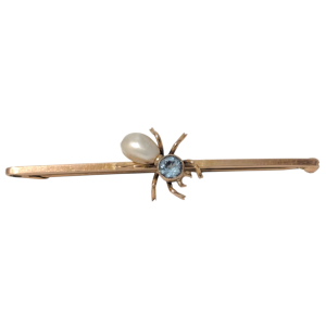 Edwardian 9ct Gold Spider Bar Brooch with Blue Topaz & Pearl