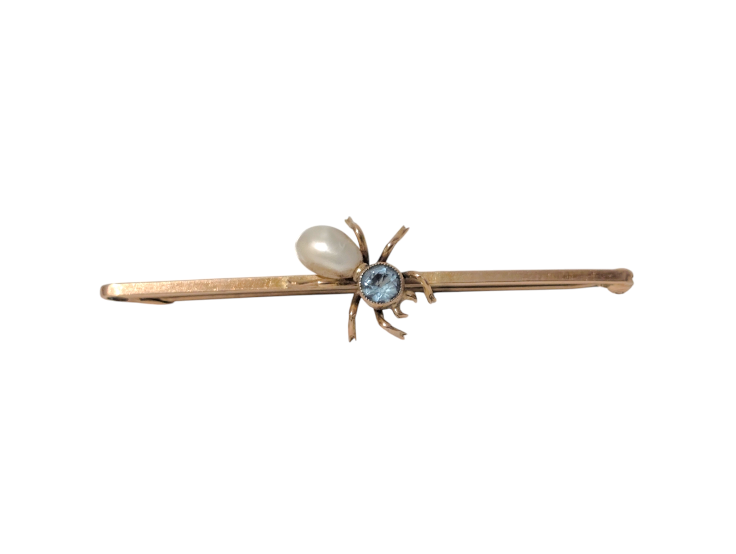 Edwardian 9ct Gold Spider Bar Brooch with Blue Topaz & Pearl