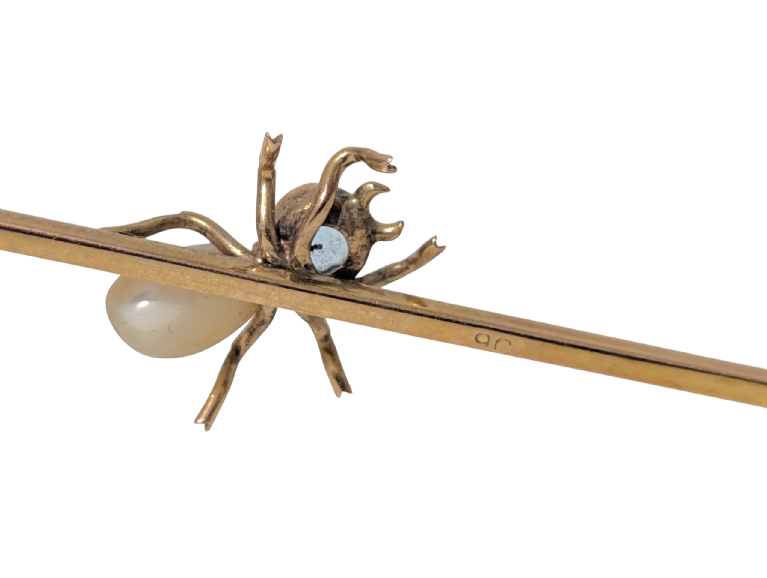 Edwardian 9ct Gold Spider Bar Brooch with Blue Topaz & Pearl - Image 3