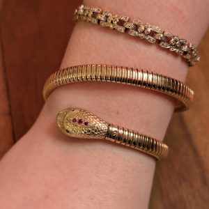 Vintage 9ct Gold Snake Bangle with Emerald Eyes & Ruby Set Detail