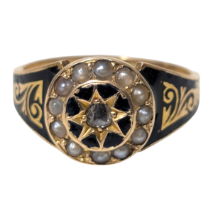 Victorian 14ct Gold Diamond, Seed Pearl & Enamel Mourning Ring