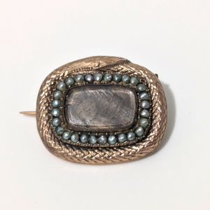 Victorian 9ct Gold Mourning Brooch with Serpent Motif & Hairwork – Seed Pearl Border