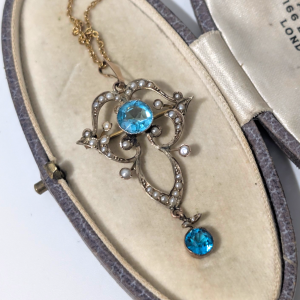 Edwardian Art Nouveau 9ct Gold Blue Topaz & Seed Pearl Drop Pendant / Brooch