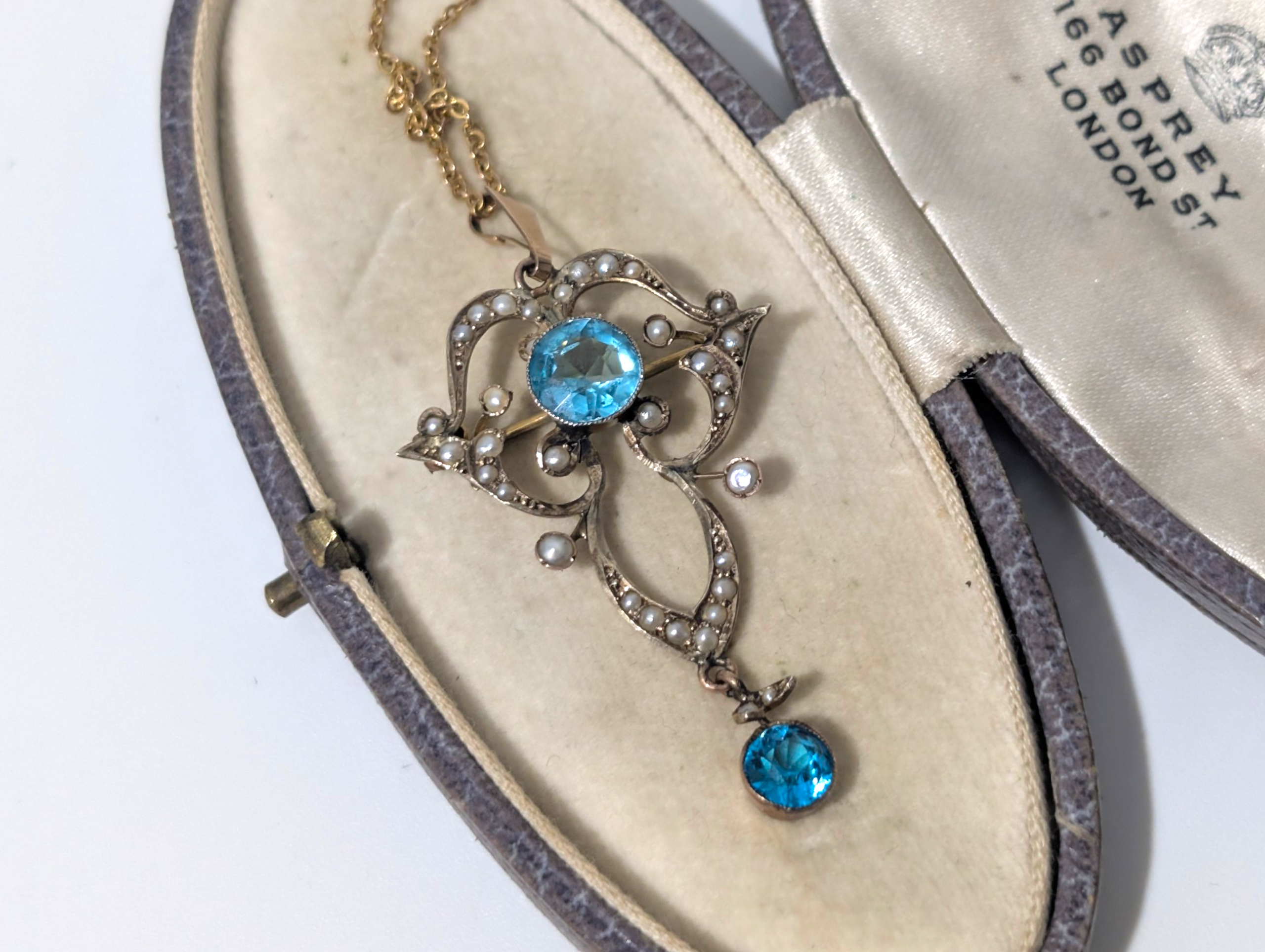 Edwardian Art Nouveau 9ct Gold Blue Topaz & Seed Pearl Drop Pendant / Brooch