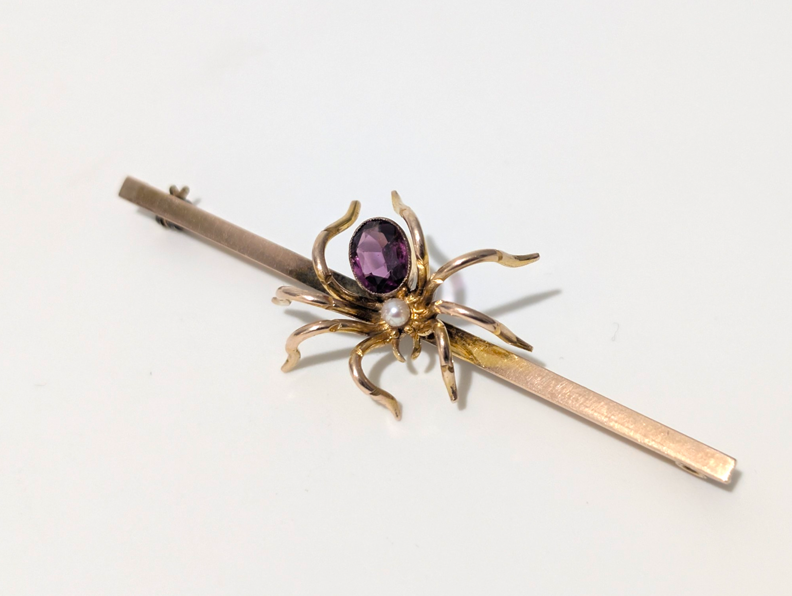 Large Edwardian 9ct Gold Amethyst & Seed Pearl Spider Bar Brooch - Image 3