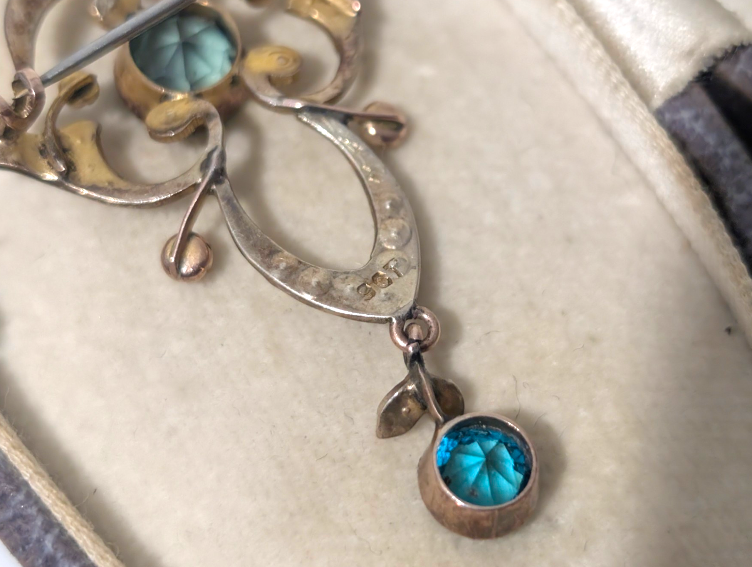 Edwardian Art Nouveau 9ct Gold Blue Topaz & Seed Pearl Drop Pendant / Brooch - Image 2