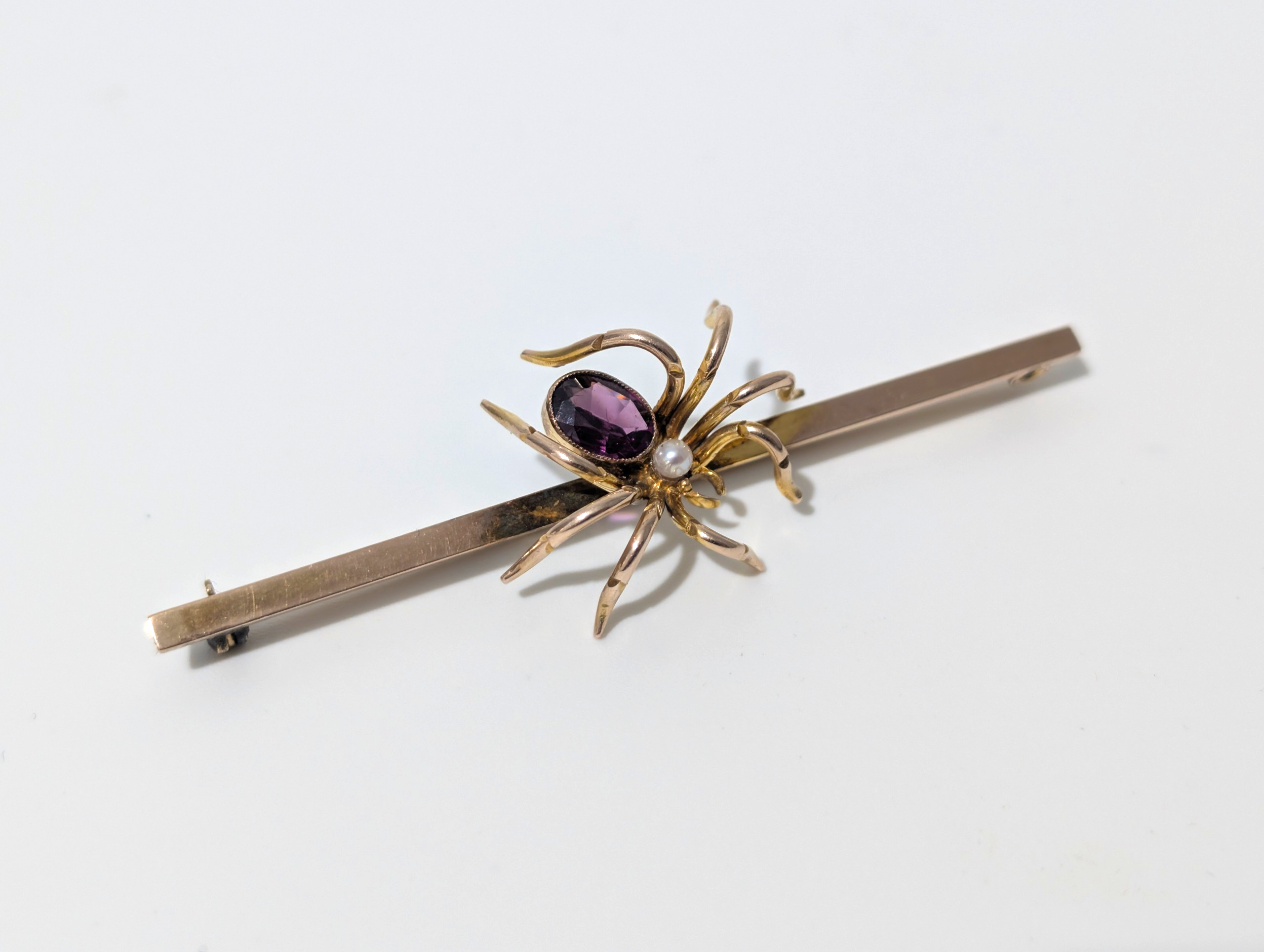 Large Edwardian 9ct Gold Amethyst & Seed Pearl Spider Bar Brooch - Image 2
