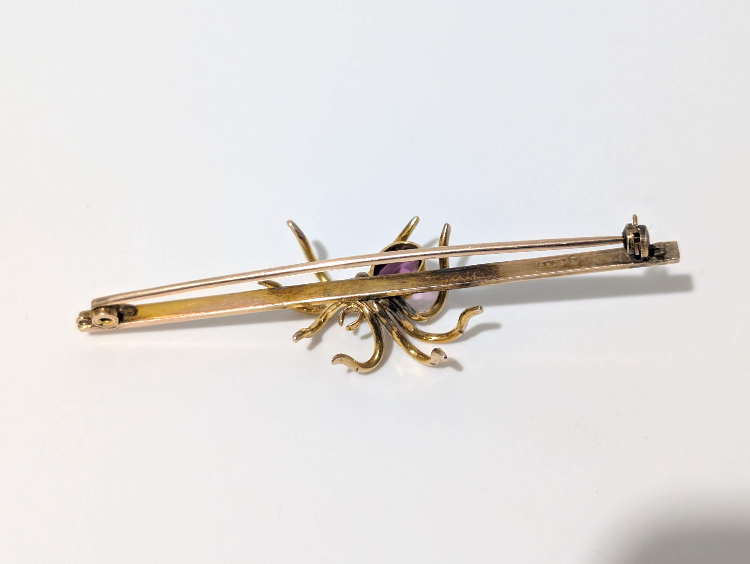Large Edwardian 9ct Gold Amethyst & Seed Pearl Spider Bar Brooch - Image 4