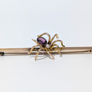 Large Edwardian 9ct Gold Amethyst & Seed Pearl Spider Bar Brooch