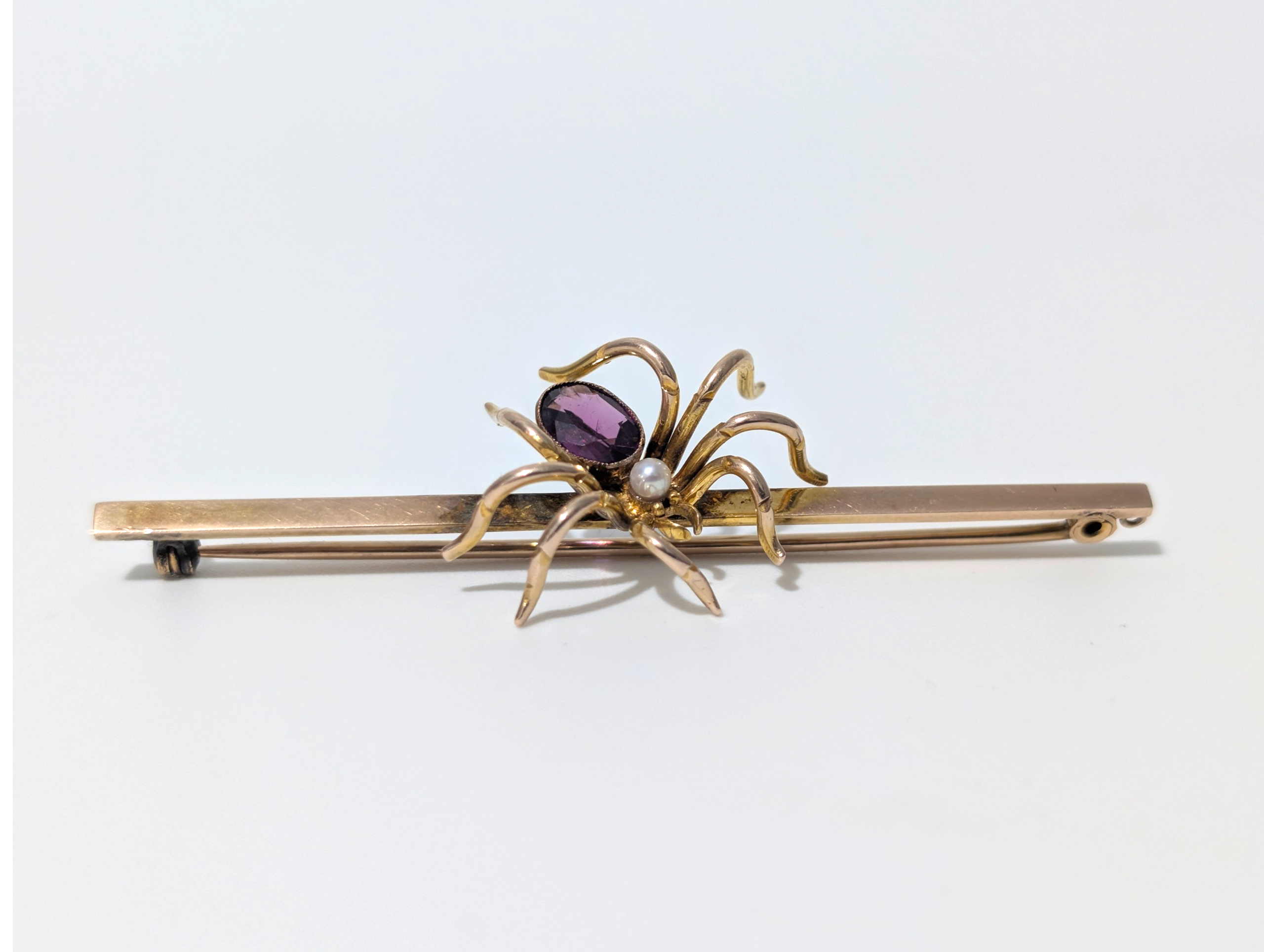 Large Edwardian 9ct Gold Amethyst & Seed Pearl Spider Bar Brooch