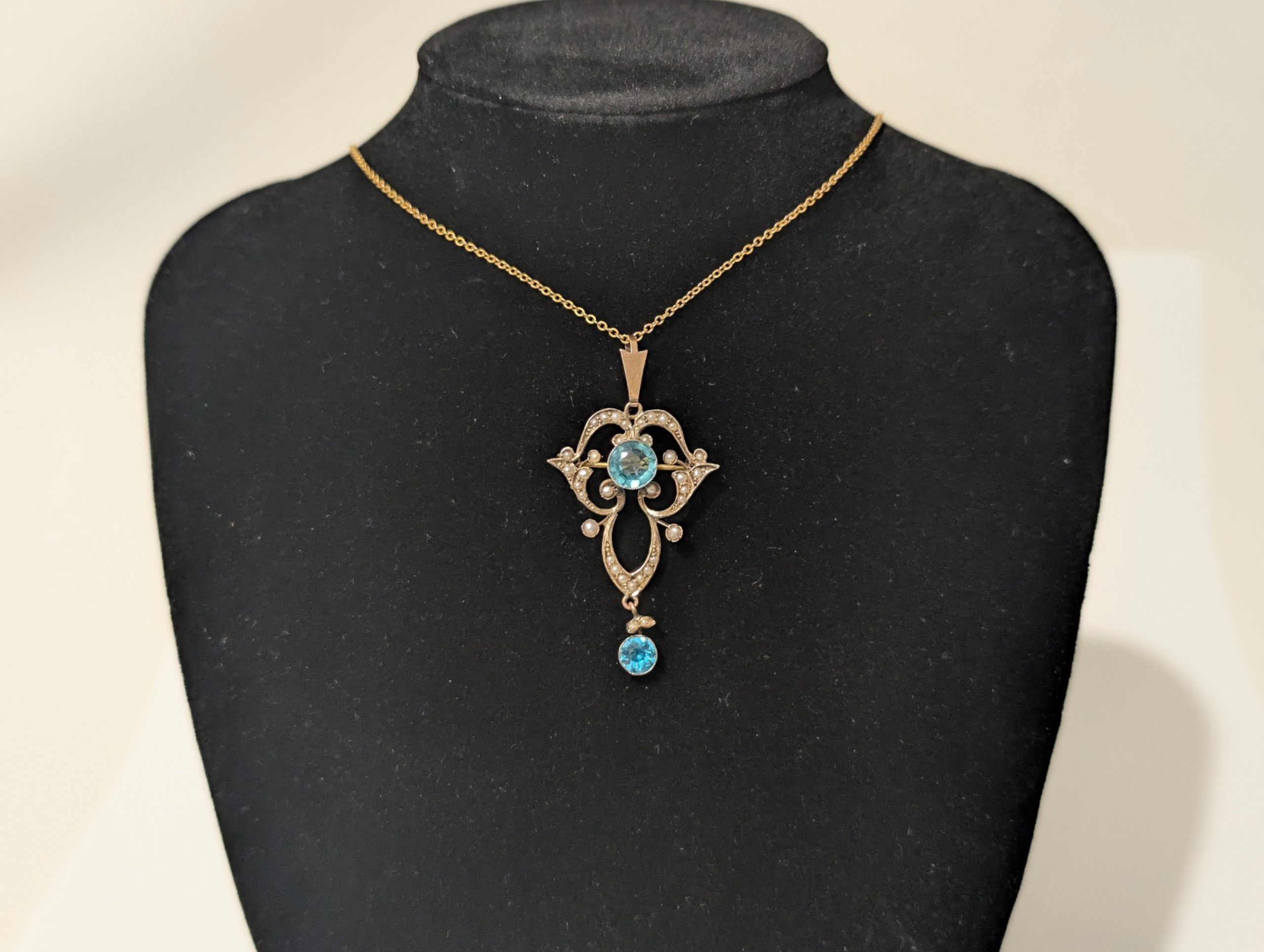 Edwardian Art Nouveau 9ct Gold Blue Topaz & Seed Pearl Drop Pendant / Brooch - Image 4