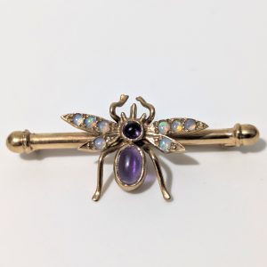 Antique 9ct Gold Opal & Amethyst Bee Brooch – Early 20th Century