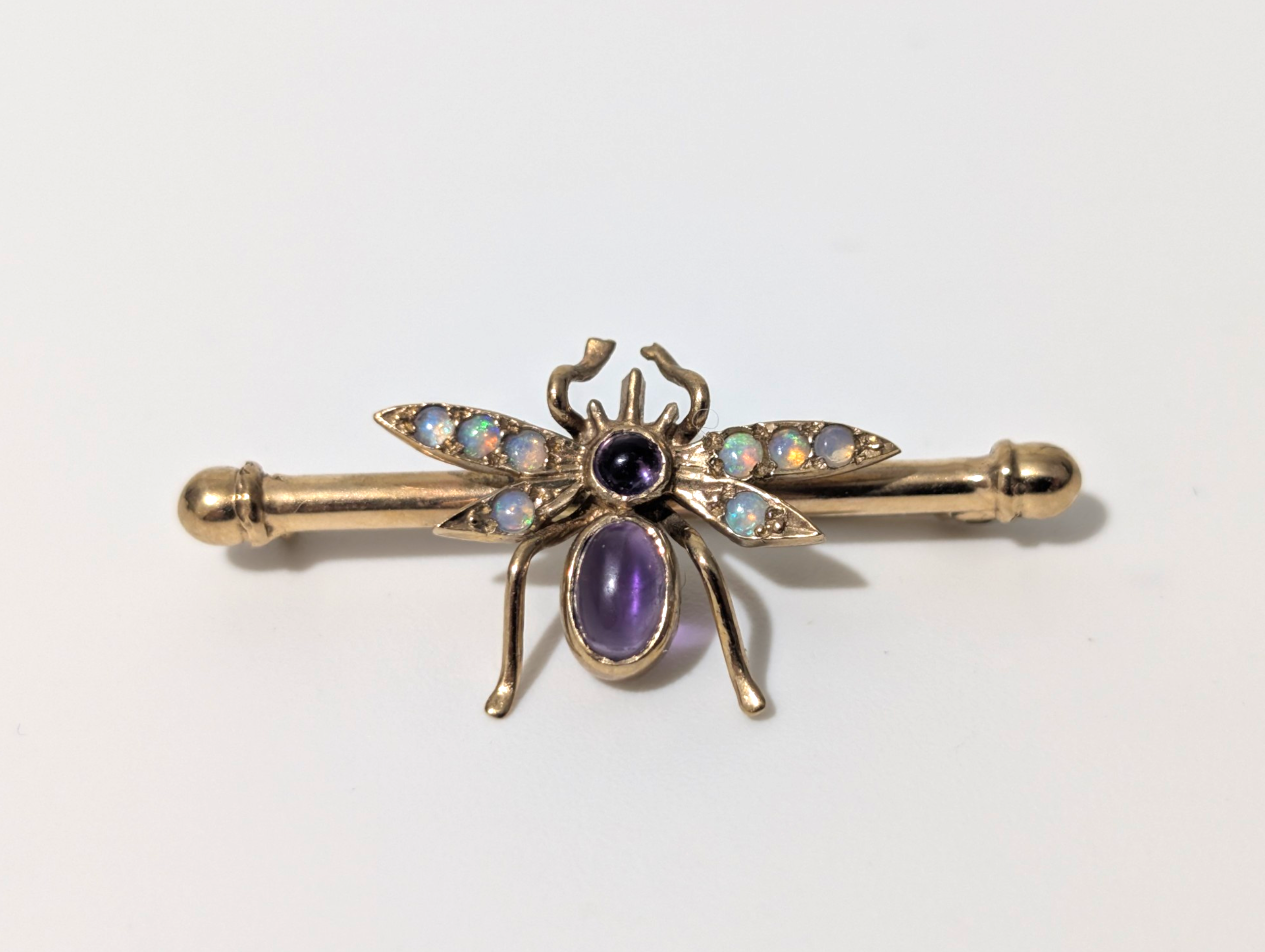 Antique 9ct Gold Opal & Amethyst Bee Brooch – Early 20th Century