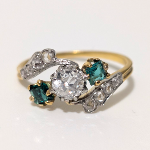 Edwardian 18ct Gold Diamond & Emerald Paste Crossover Ring - Approx 0.55ct Diamonds