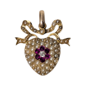 Antique 9ct Gold Pearl, Ruby & Diamond Heart Locket Pendant