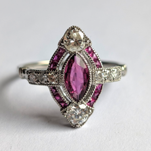 Art Deco Style Platinum Ruby & Diamond Navette Style Ring
