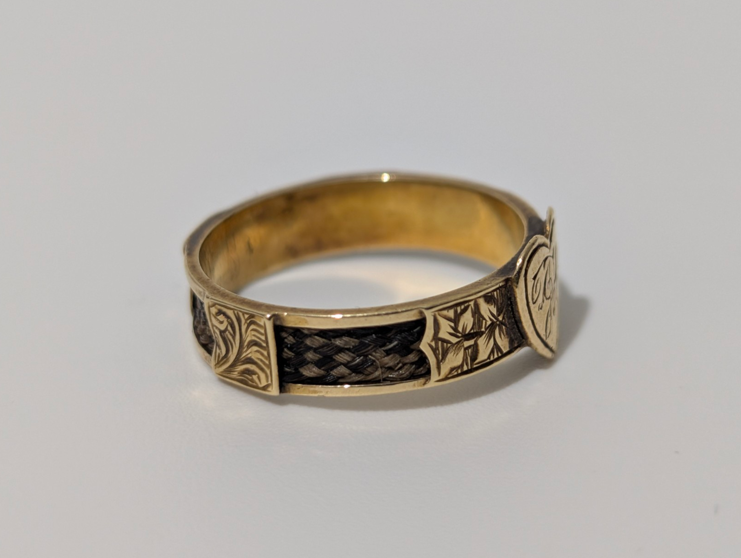 Antique 15ct Gold Mourning Hairwork Ring With Love Heart - English Hallmarks 625 - Image 3