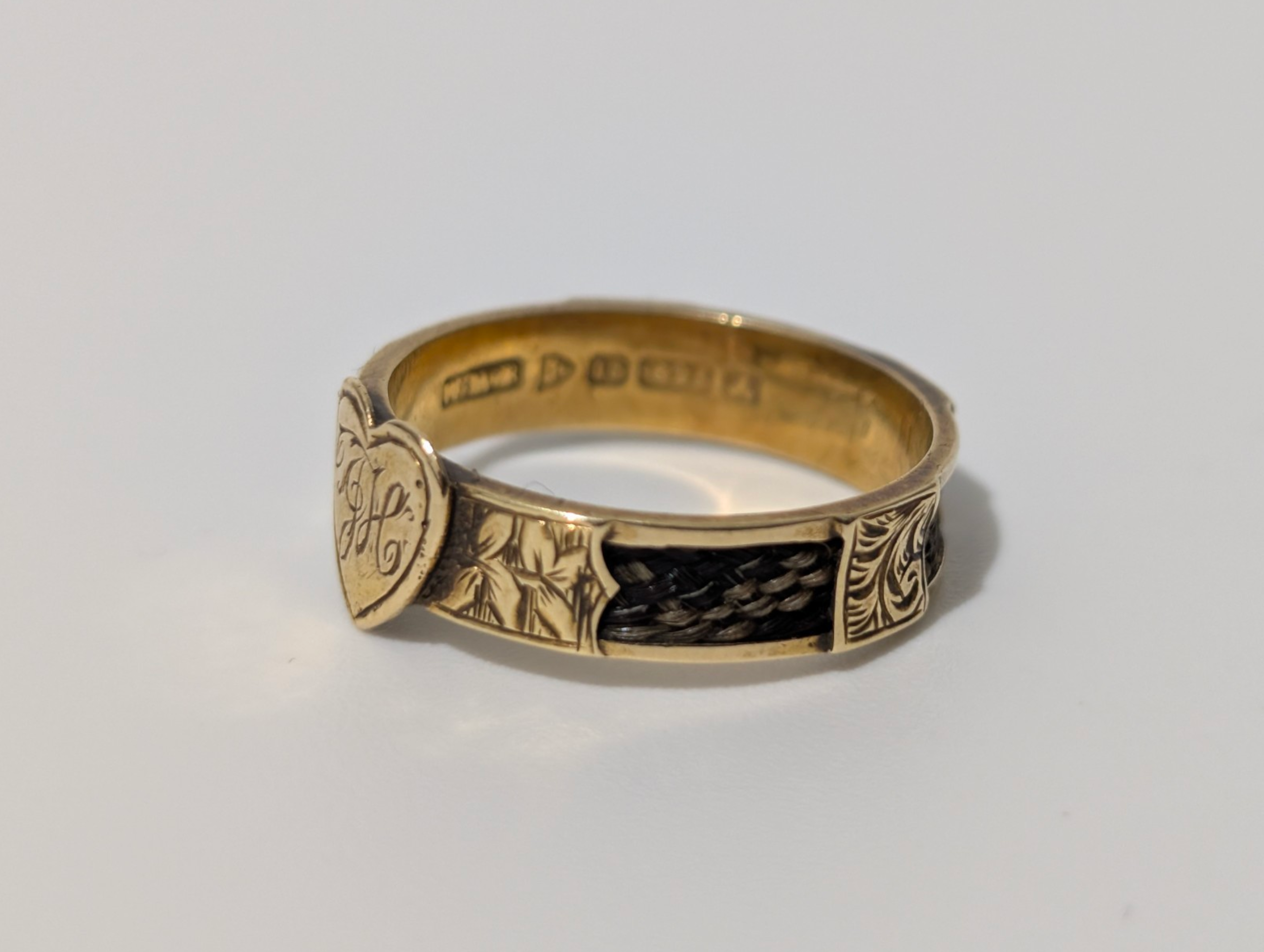 Antique 15ct Gold Mourning Hairwork Ring With Love Heart - English Hallmarks 625 - Image 6