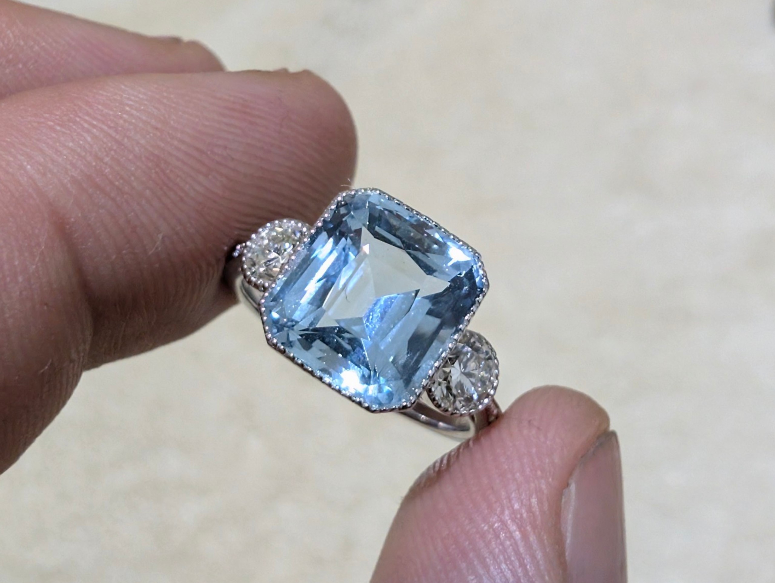 3.66ct Natural Aquamarine & Diamond 18ct White Gold Art Deco Style Ring - Image 2
