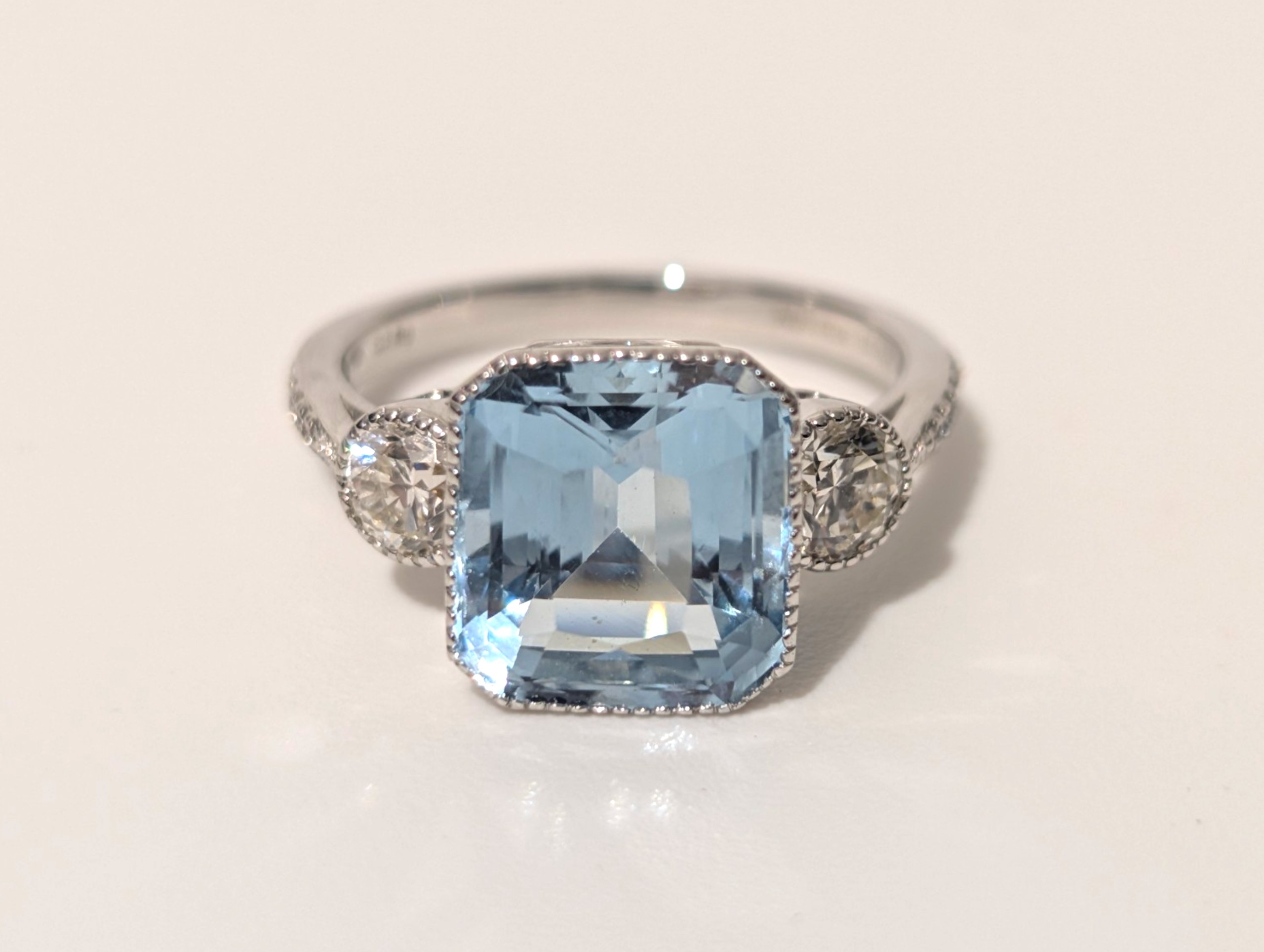 Finished aquamarine and diamond Art Deco style ring