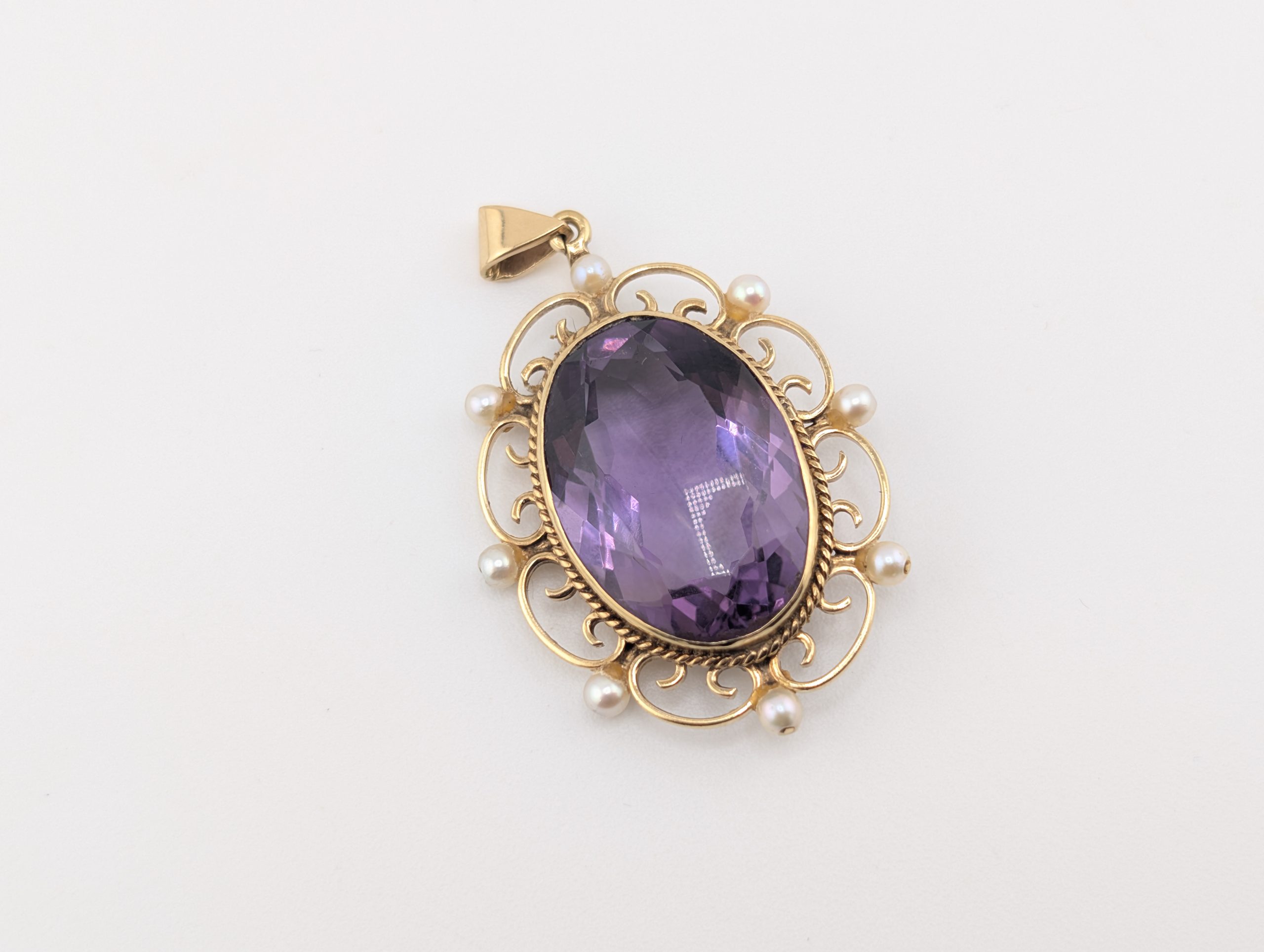 Vintage 9ct Gold Edwardian Revival Large Amethyst & Seed Pearl Pendant - Image 2