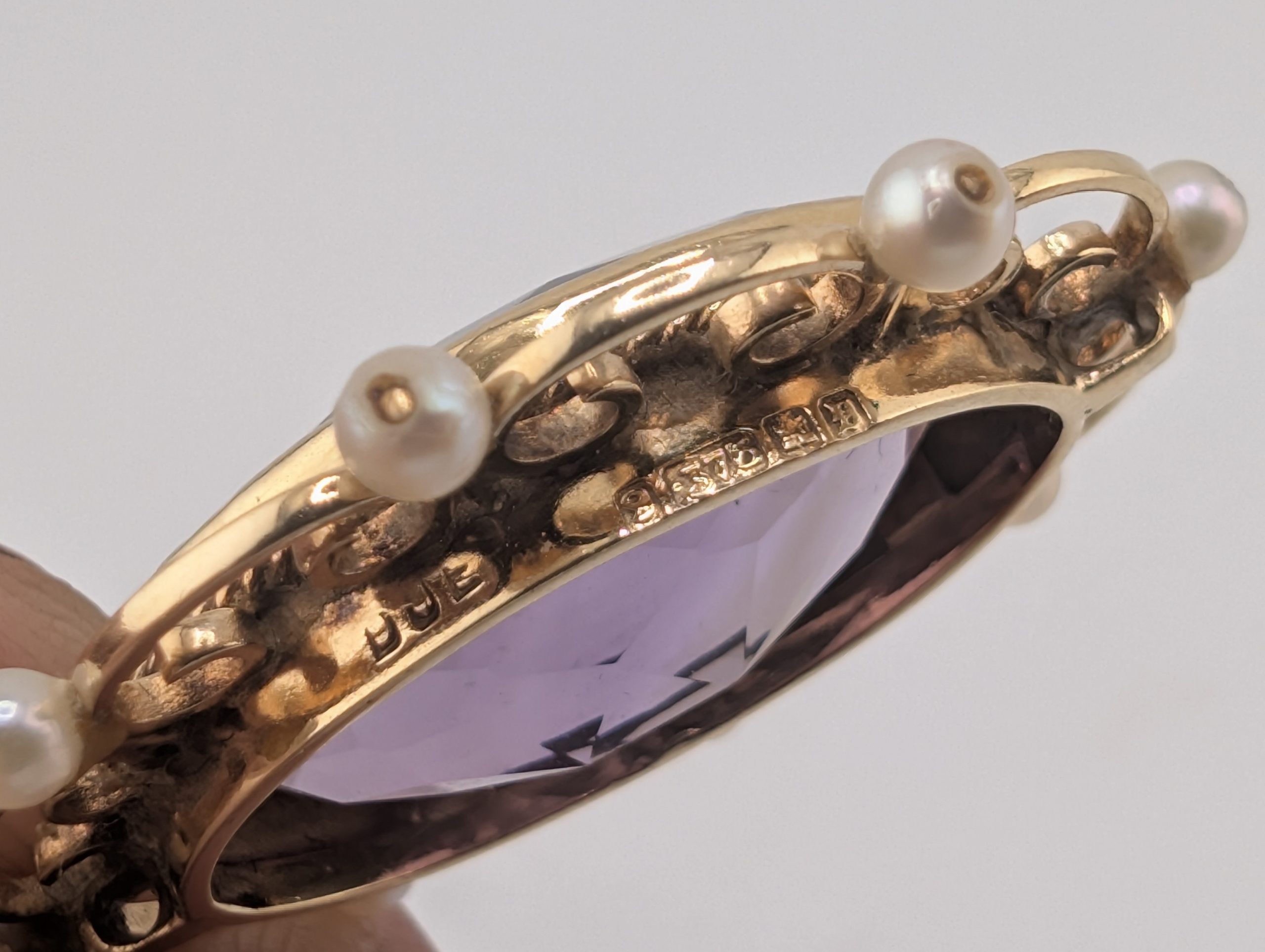 Vintage 9ct Gold Edwardian Revival Large Amethyst & Seed Pearl Pendant - Image 5