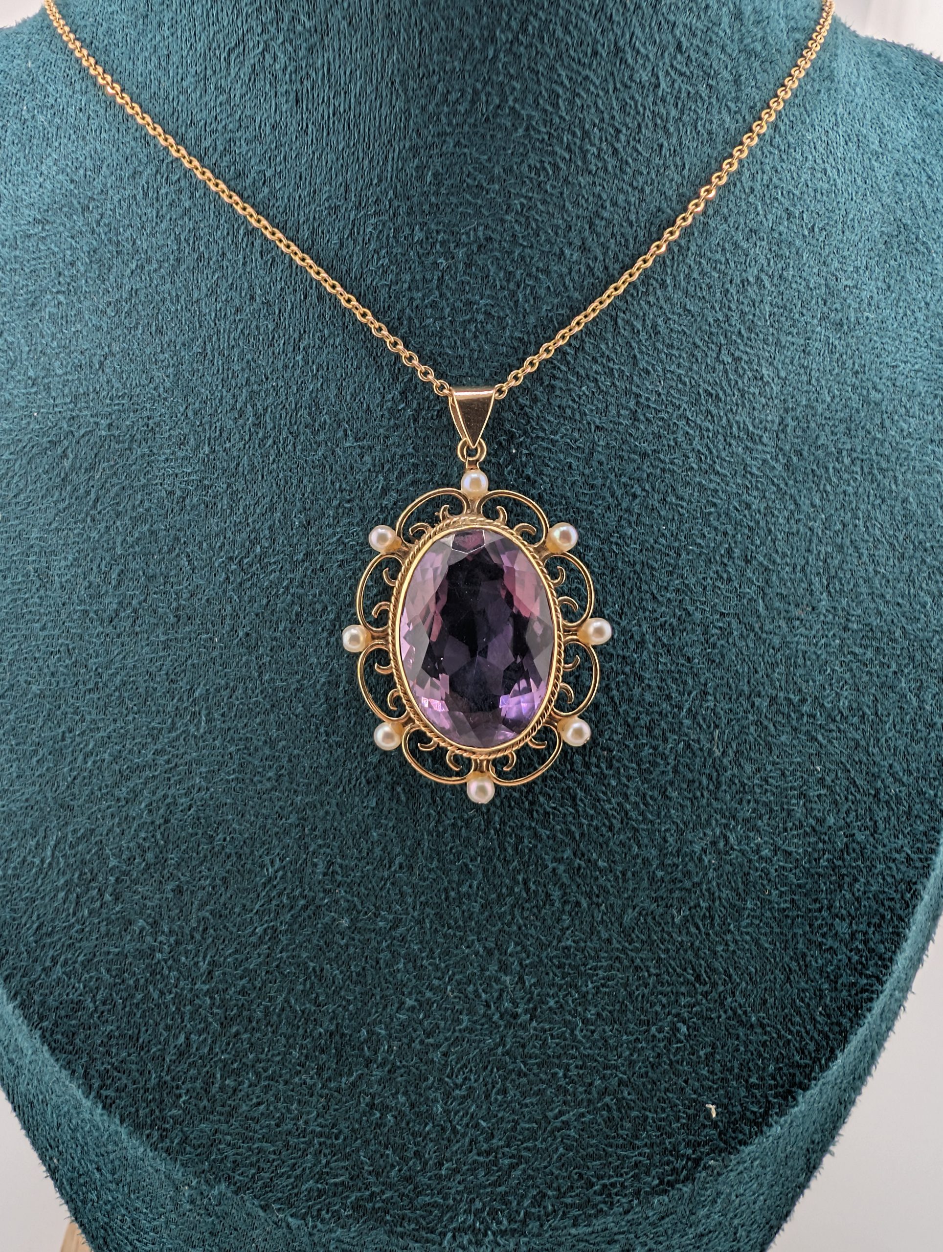 Vintage 9ct Gold Edwardian Revival Large Amethyst & Seed Pearl Pendant - Image 4