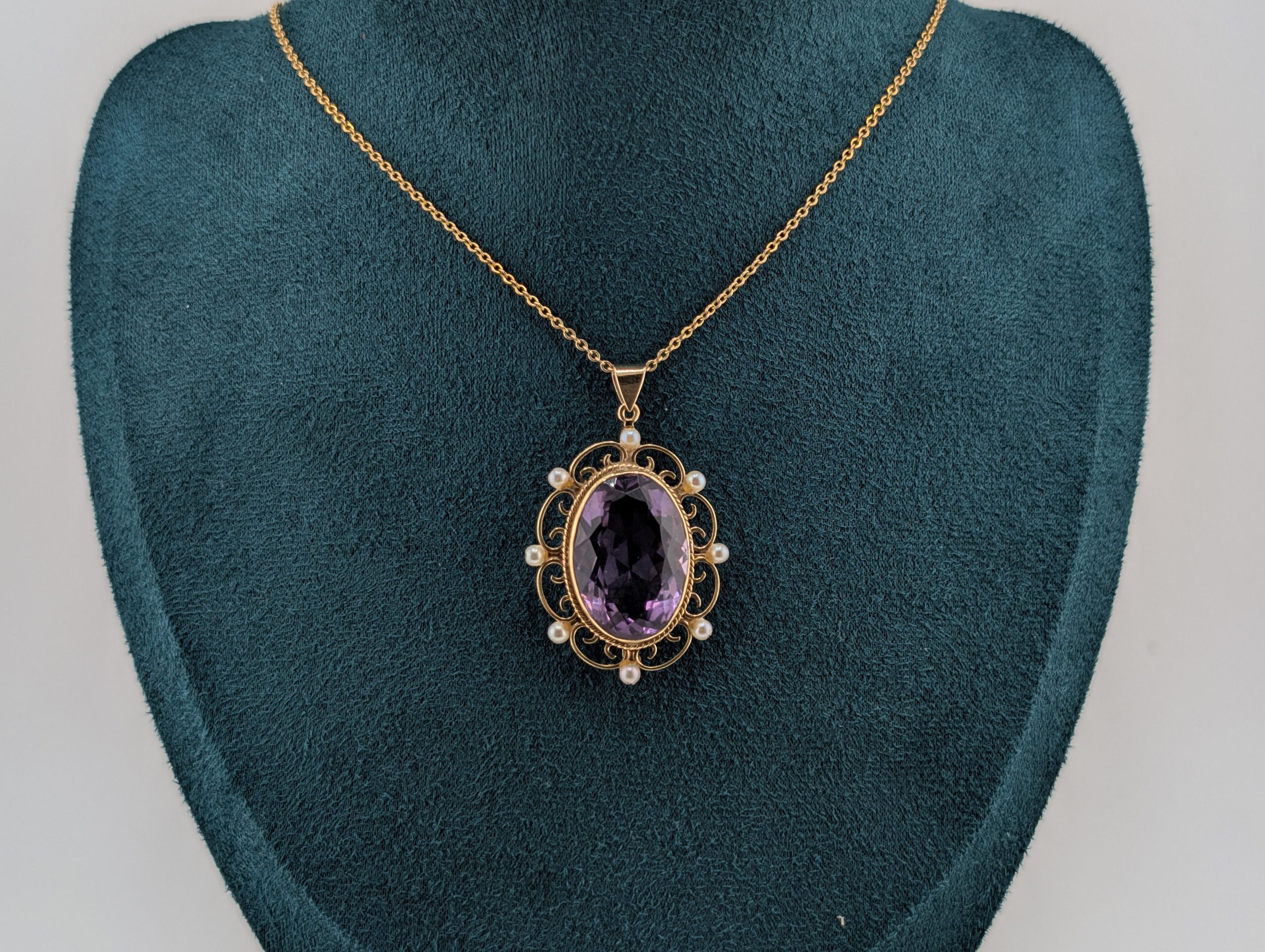 Vintage 9ct Gold Edwardian Revival Large Amethyst & Seed Pearl Pendant - Image 3