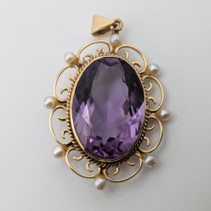 Vintage 9ct Gold Edwardian Revival Large Amethyst & Seed Pearl Pendant