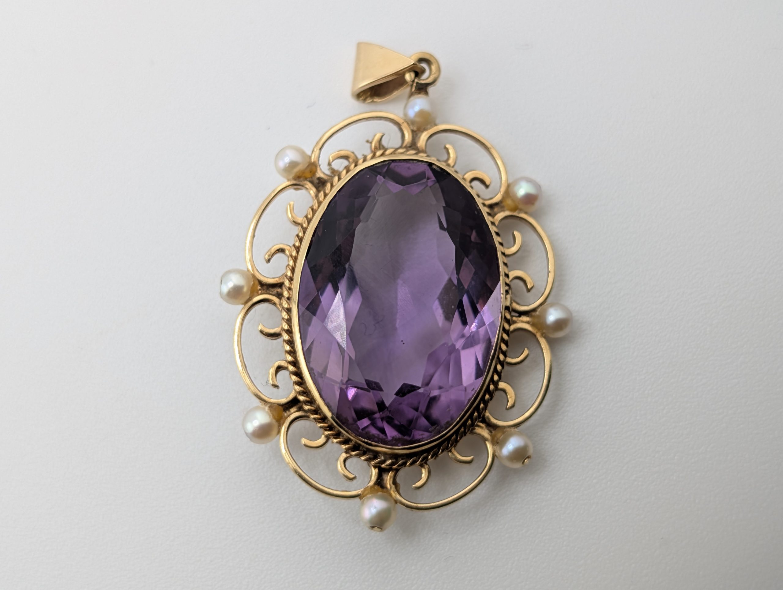 Vintage 9ct Gold Edwardian Revival Large Amethyst & Seed Pearl Pendant